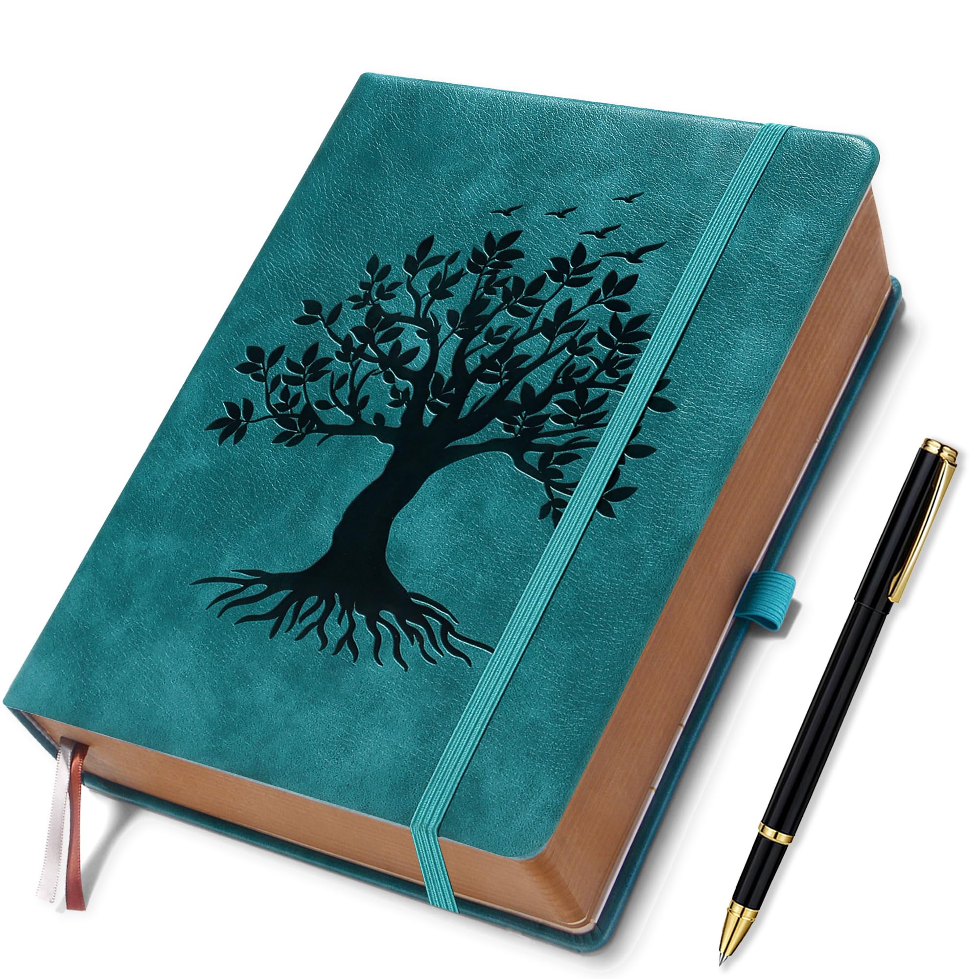 A5 360 Pages Lined Journal Notebooks with Pen, Journals for Women Men Writing Notebook, Tree of Life Design, Fine Inner Pocket - SeaGreen