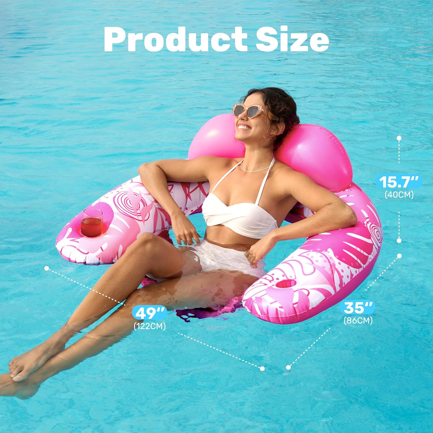 SLOOSH Inflatable Pool Floats Adult, 4 Pack Pool Chairs with Cup Holders,Blow up Floats Chair,Hammock Noodle Mat Leaves Design for Summer Water Fun Swimming Party Beach,Blue, Cyan, Pink, Champagne