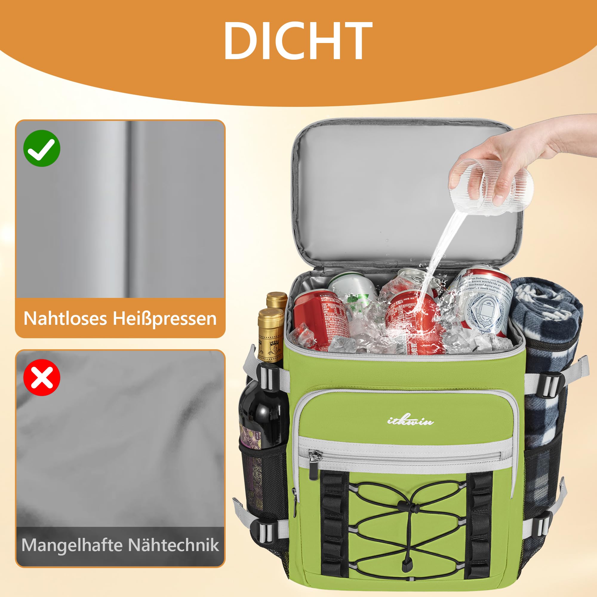 OUUTMEE Plecak chłodzący, 21 l, torba piknikowa z kieszenią chłodzącą, izolowana torba chłodząca na piwo, dwuwarstwowa, szczelna, termiczna, wodoszczelny plecak na piknik, plażę lub wędrówki, zielony