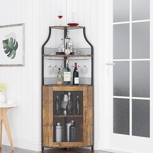 Miniatura 7 de GAOMON Armario esquinero de bar de vinos de granja con almacenamiento, pequeño aparador de buffet con estante desmontable y puerta de malla de