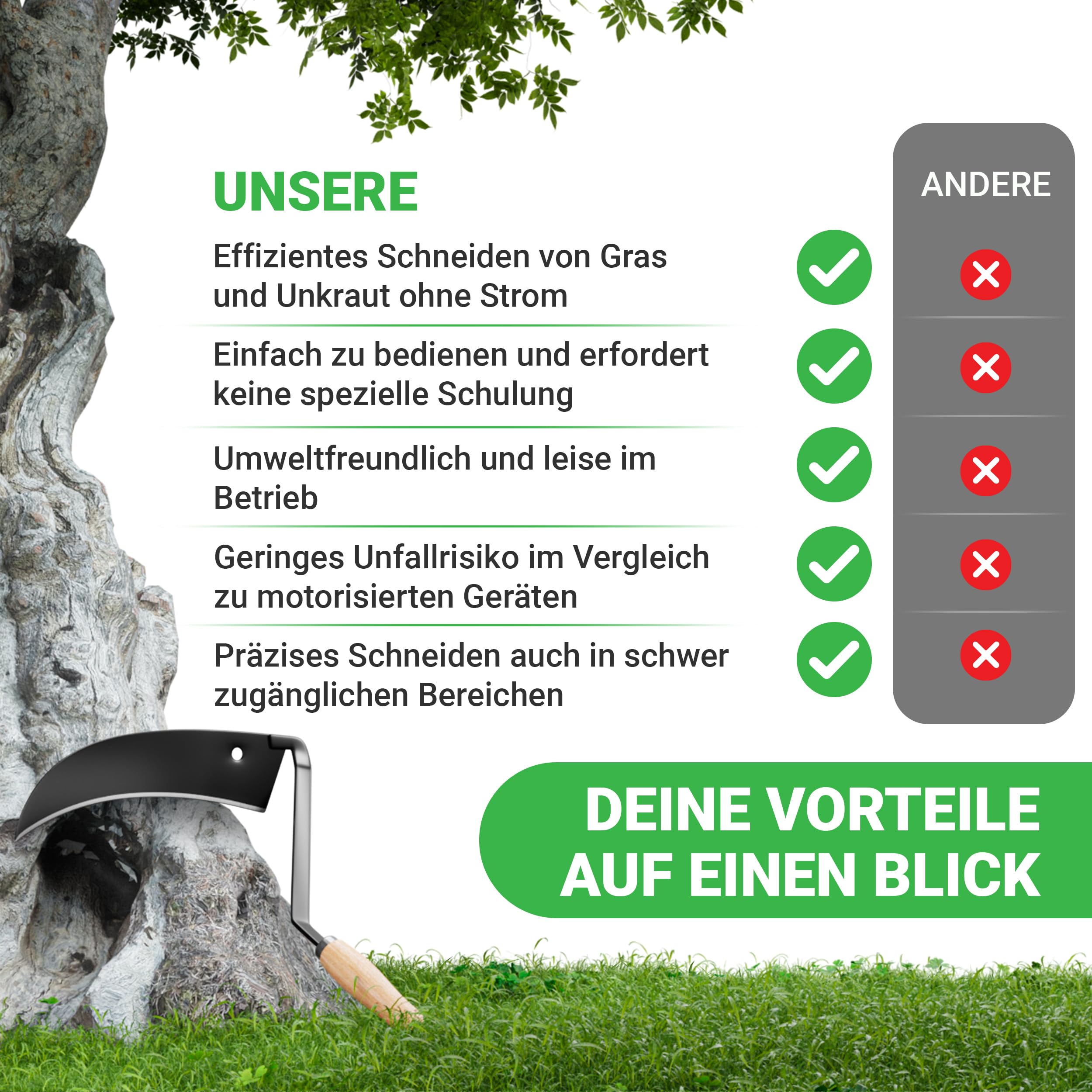 Sensensichel mit Holzgriff - traditionelle scharfe Sichel - nachhaltige Handsense 31x33 cm- inklusive Gratis Schleifstein – robuste Handsense für Gras