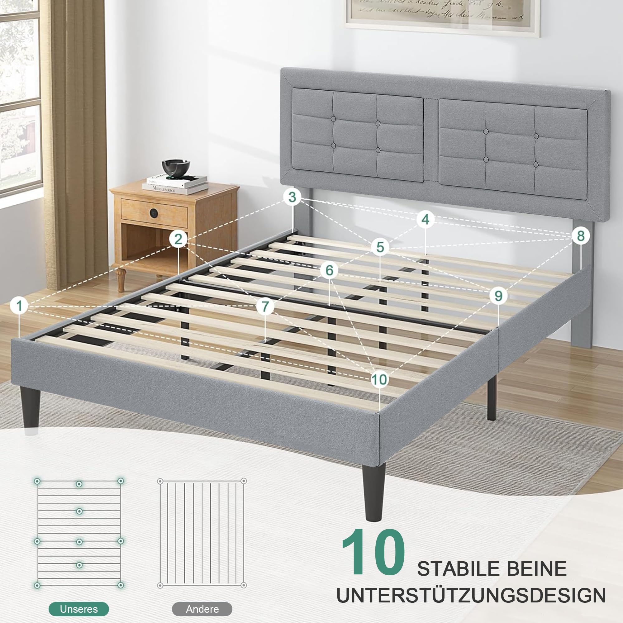 VECELO Polsterbett 140 x 200 cm, Doppelbett mit Höhenverstellbarem Kopfteil, Bett Bettrahmen mit Lattenrost, Gepolstertes Bettgestell Jugendbett für Schlafzimmer Gästezimmer, Hellgrau