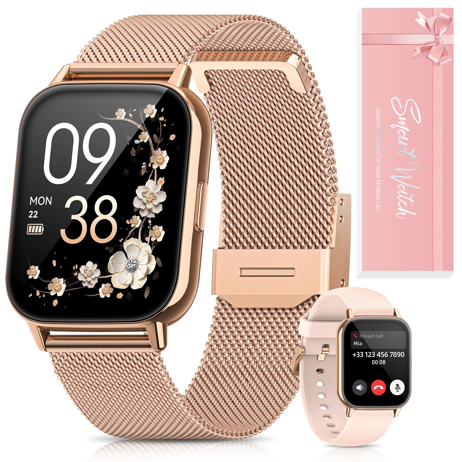Reloj Inteligente Mujer, Smartwatch Mujer con Llamadas 5.3, Función Femenina, 24H Pulsometro SpO2, 120+ Modos Deportivos, Monitor de Sueño, Calorías, Podómetro para Android iOS Rosa Oro