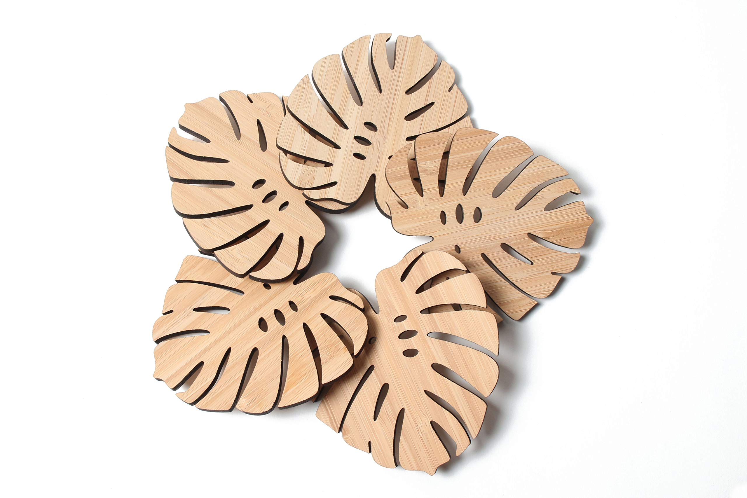 Turtle Leaf Tropical Leaves Wooden Coasters 5pc Jungle Plant Eco-Friendly Safari Hawaiian Luau, Tiki Bar Aloha Beach Drinks Table Botanical Leaf Decorations for Cold Drinks, Cups & Mugs, Bar Table