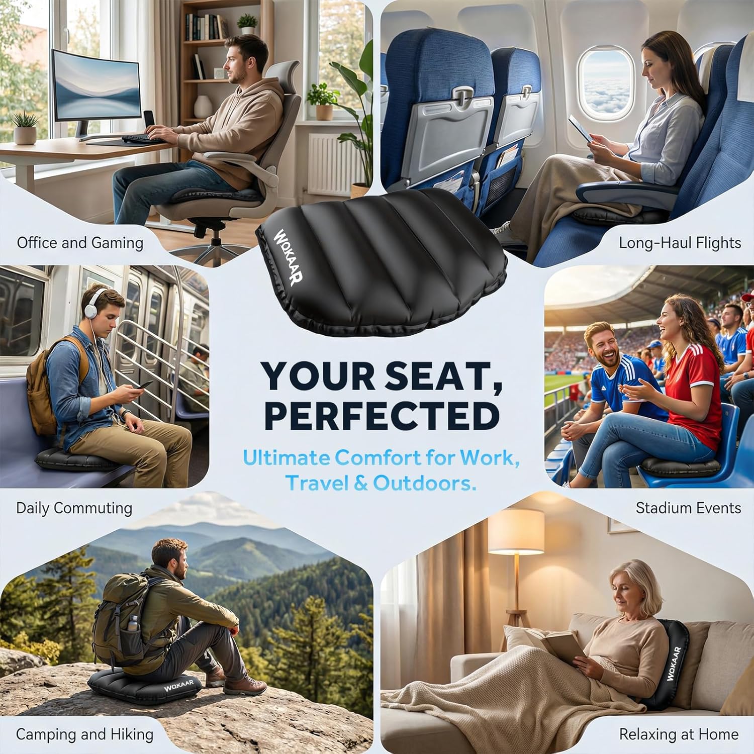 Inflatable Airplane Seat Cushion with Memory Foam | 3D Scalloped Air Baffles | Sit-to-Adjust Firmness | 2-in-1 Seat Pad & Lumbar Support, Tailbone Relief | 30s Inflate & 1s Deflate | Travel & Office