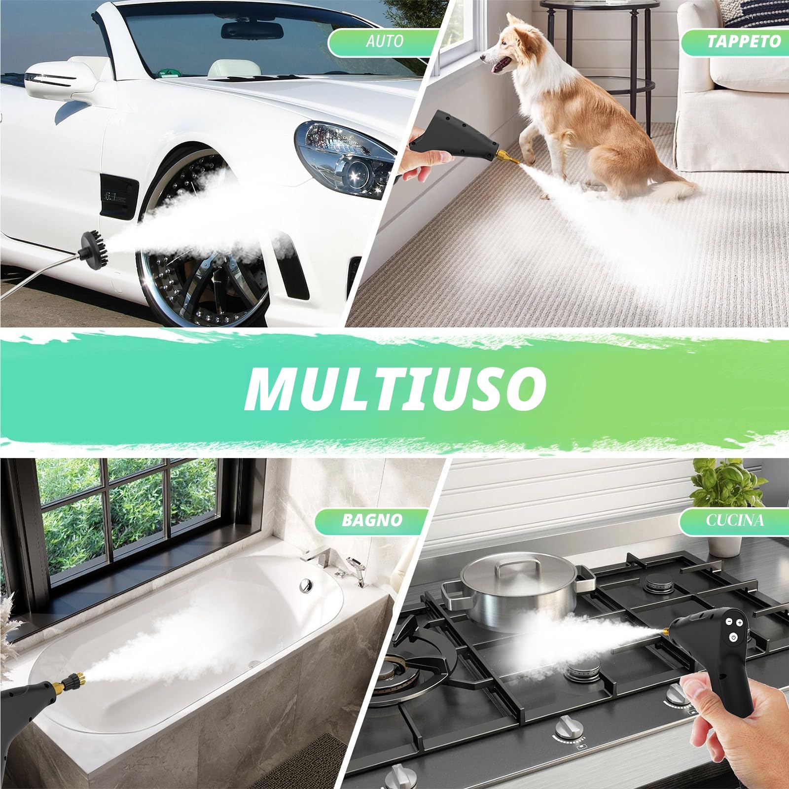 Pulitore a Vapore 2500W con Pulsante Touch Regolabile, Serbatoio Dell'acqua da 1200ml, 4 Accessori in 6 Velocità Regolabili, Pulitore a Vapore Portatile Riscaldamento Rapido da 15 Secondi per Cucina