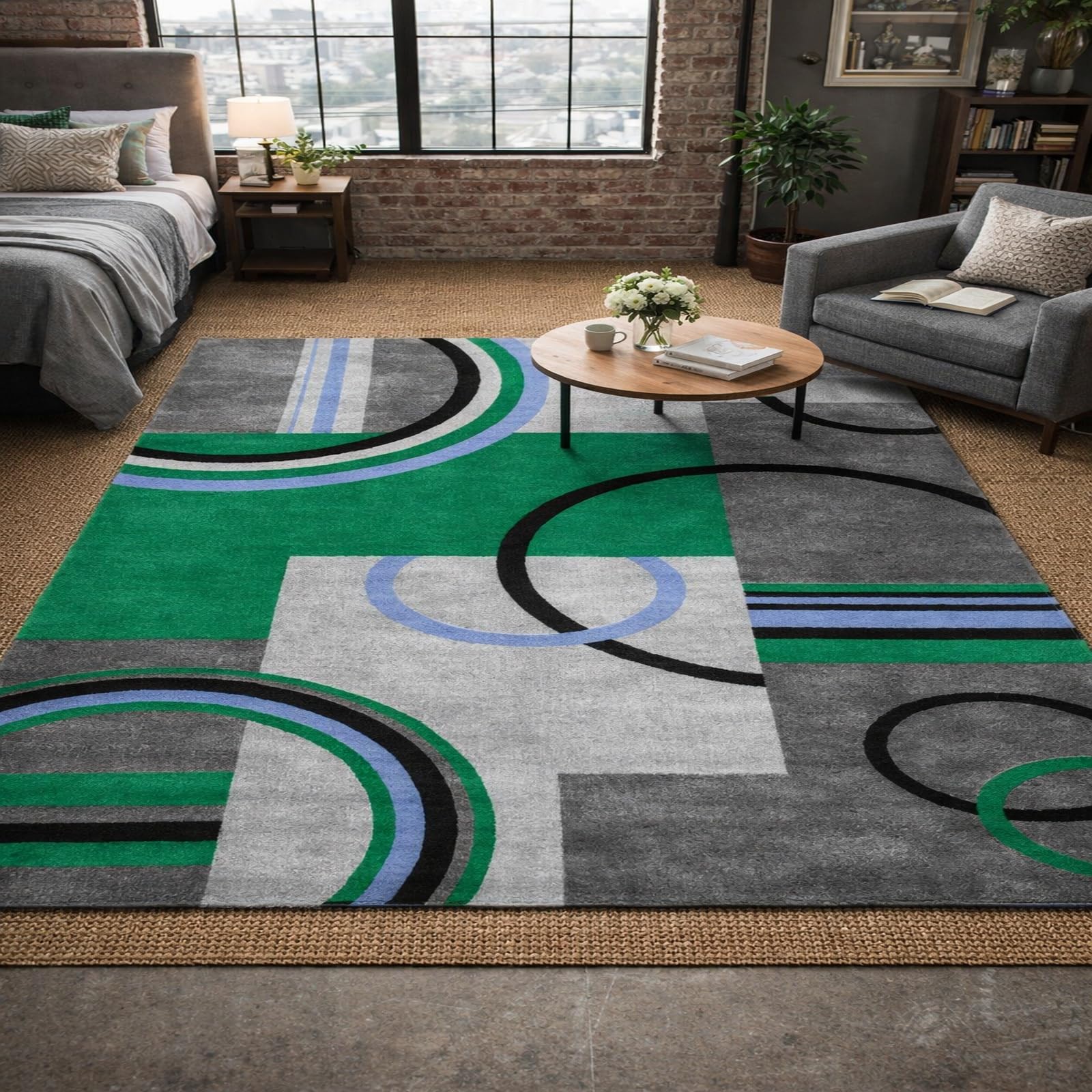 Tapis de salon moderne géométrique vert et gris abstrait | 200 x 250 cm