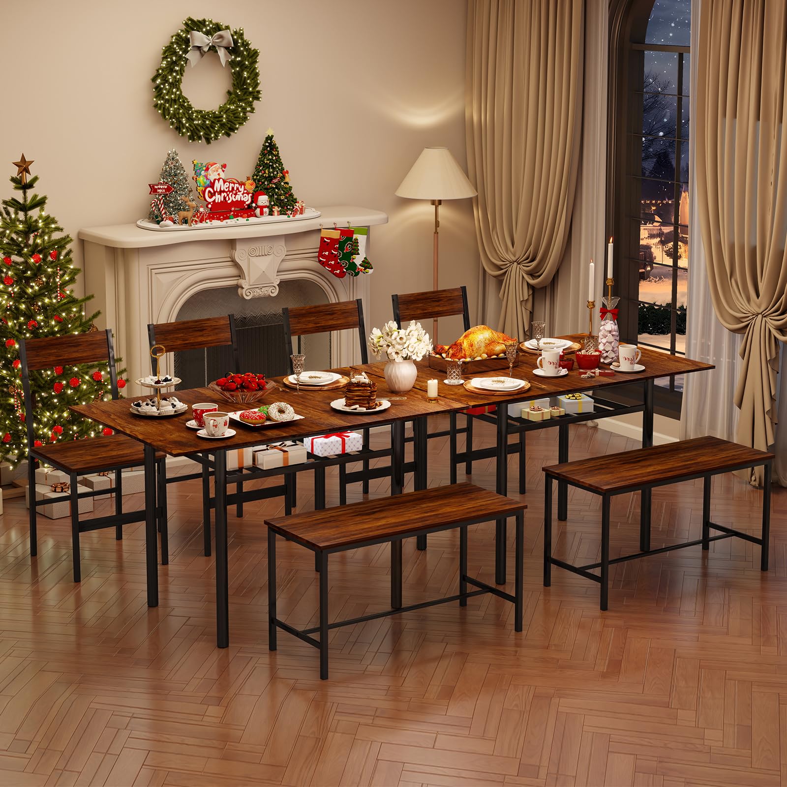 YU YUSING Table Pliante Extensible de Salle à Manger (60-120)x75x76cm avec 2 Chaises et 1 Banc - Ensemble de 4 Meubles - Bois et Métal - Marron Rustique