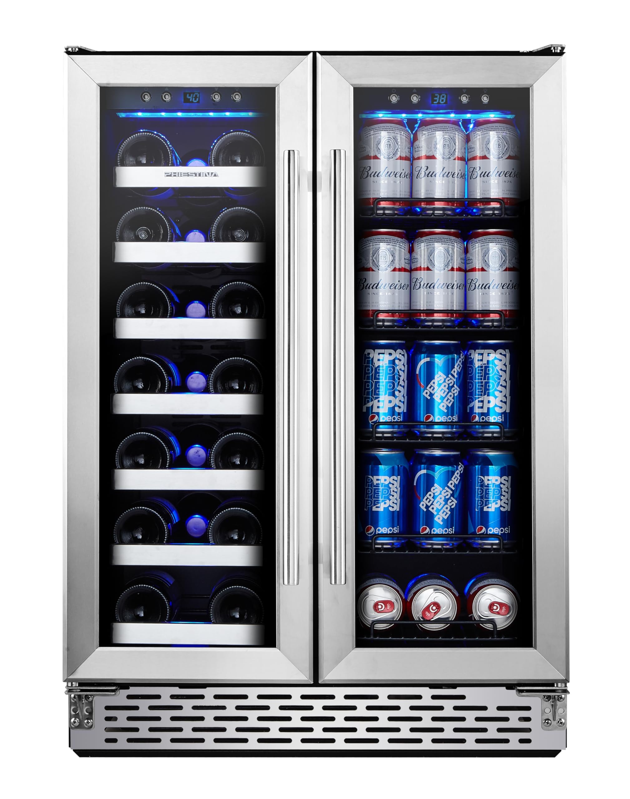 Phiestina Beverage Refrigerator, 24 Inch Wine and Beverage Fridge, Under Counter Wine Cooler- 20 Bottles & 78 Cans, Built-in/Freestanding Dual Zone with Glass Door | Fridge.com