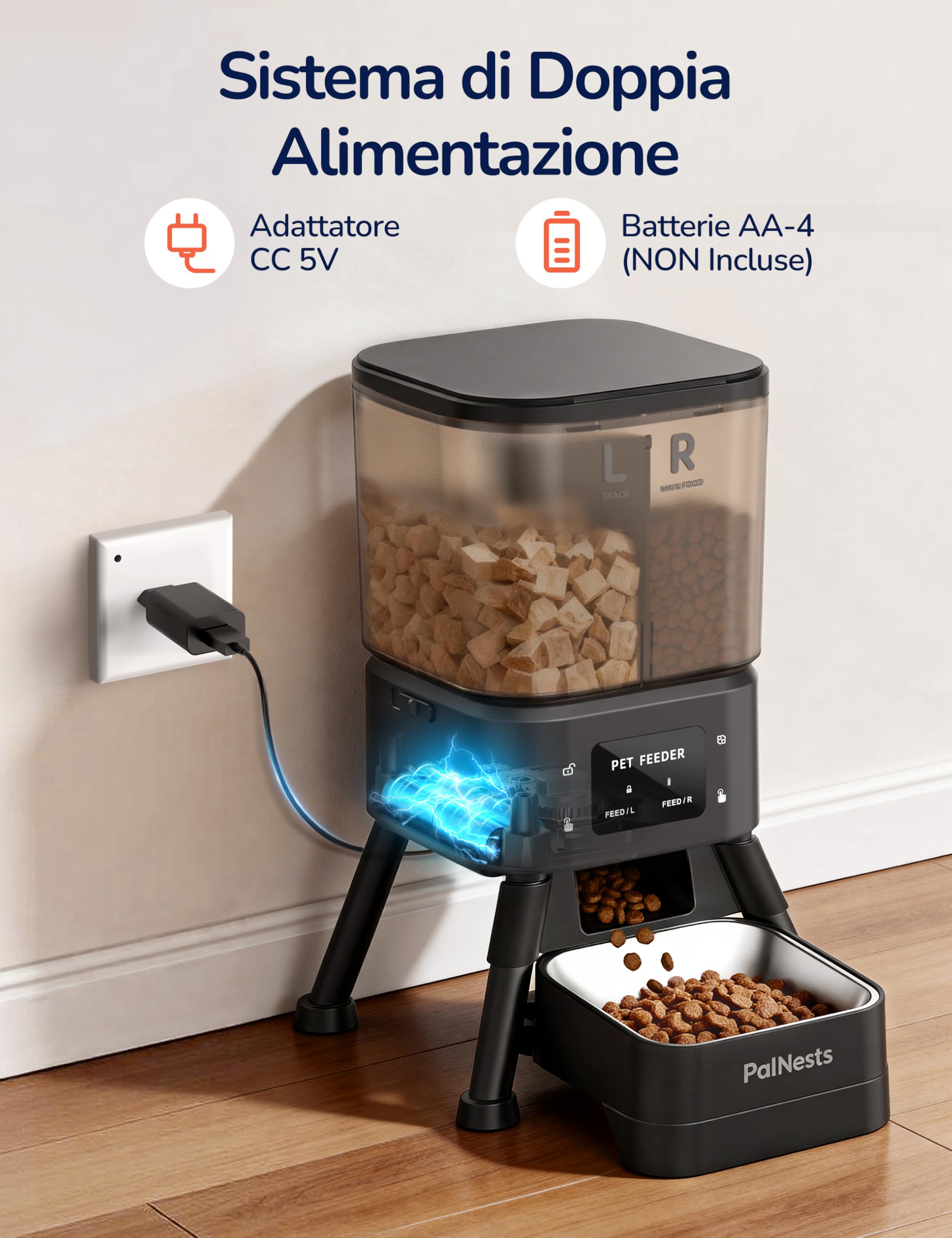 4L Distributore Automatico Cibo Gatti con Doppio Tramoggia, 5G/2.4G WiFi Intelligente Dispenser Crocchette Gatto, Controllo App, 2 Scomparto, Timer Programmabile, Ciotola in Acciaio Inox