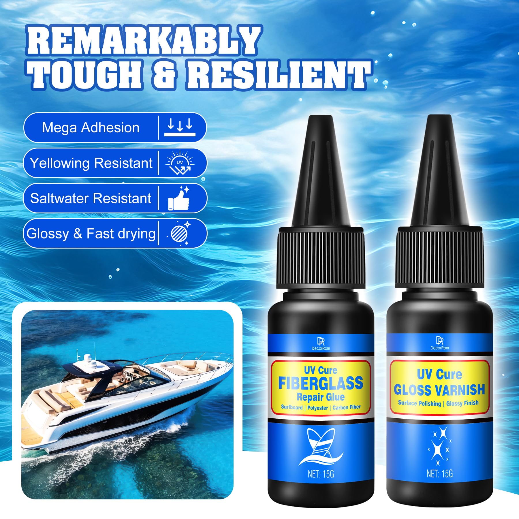 Kit de reparación de Tablas de Surf, Kit de reparación de Fibra de Vidrio Transparente con lámpara UV, Adecuado para Fibra de Carbono y Fibras de poliéster, para Reparar Grietas en Barcos, lanchas — view 3