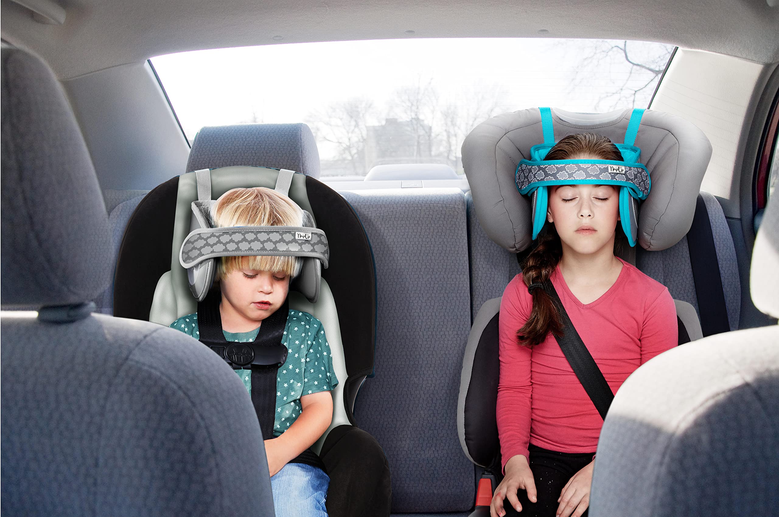 NAPUP Bundle - 2 Child Head Support Solutions for Car Seats- Safe, Comfortable Head & Neck Pillow Support Solutions for Front Facing Car Seats and High Back Boosters (Grey, Light Blue)