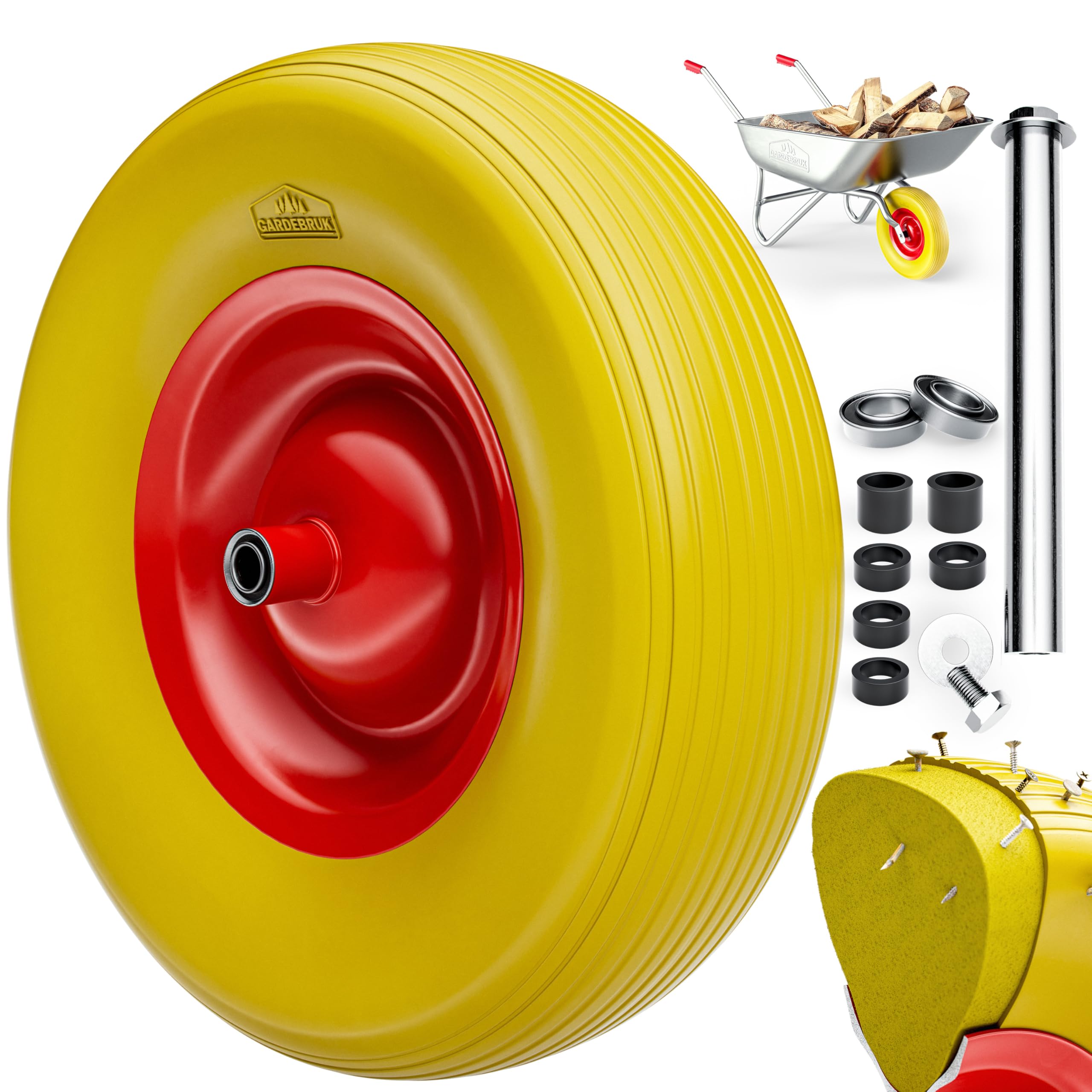 GARDEBRUK® Wheel for Wheelbarrow Solid Rubber PU Anti-Puncture 4.80/4.00-8 390 mm Spare Tyre Axle Profile Grooved Rim Heavy Duty Steel Spare Load Capacity up to 200 kg Yellow