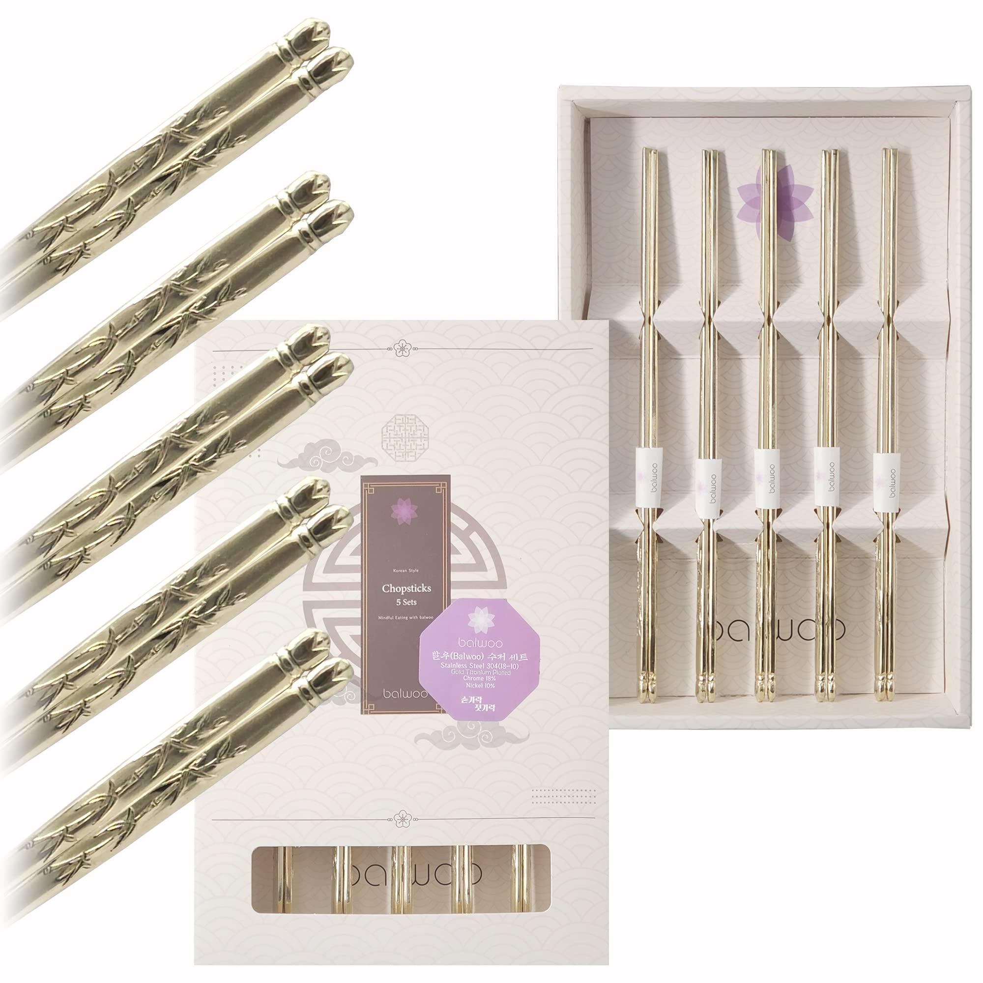 BALWOO Korean Flat Chopsticks [5 Sets][Made in Korea] 304 Premium Stainless Steel Mukbang Kitchen Utensil Cutlery Silverware Metal Chopsticks (Bamboo, TITANIUM)