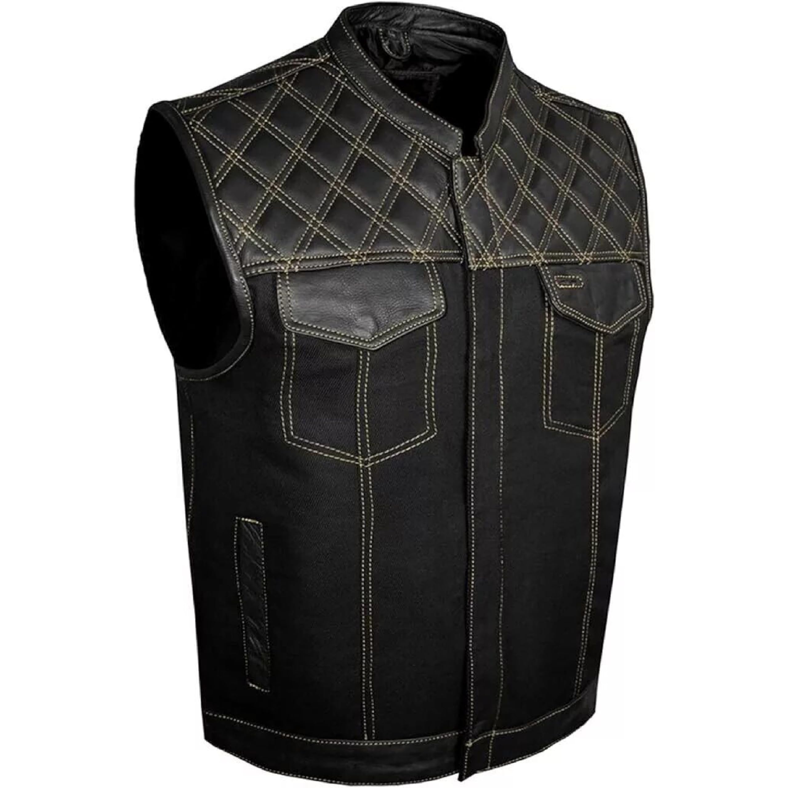 Men's Leather Denim Motorcycle Club Biker Vest with 2 Concealed Carry Pockets - (WHITE, Size- S)