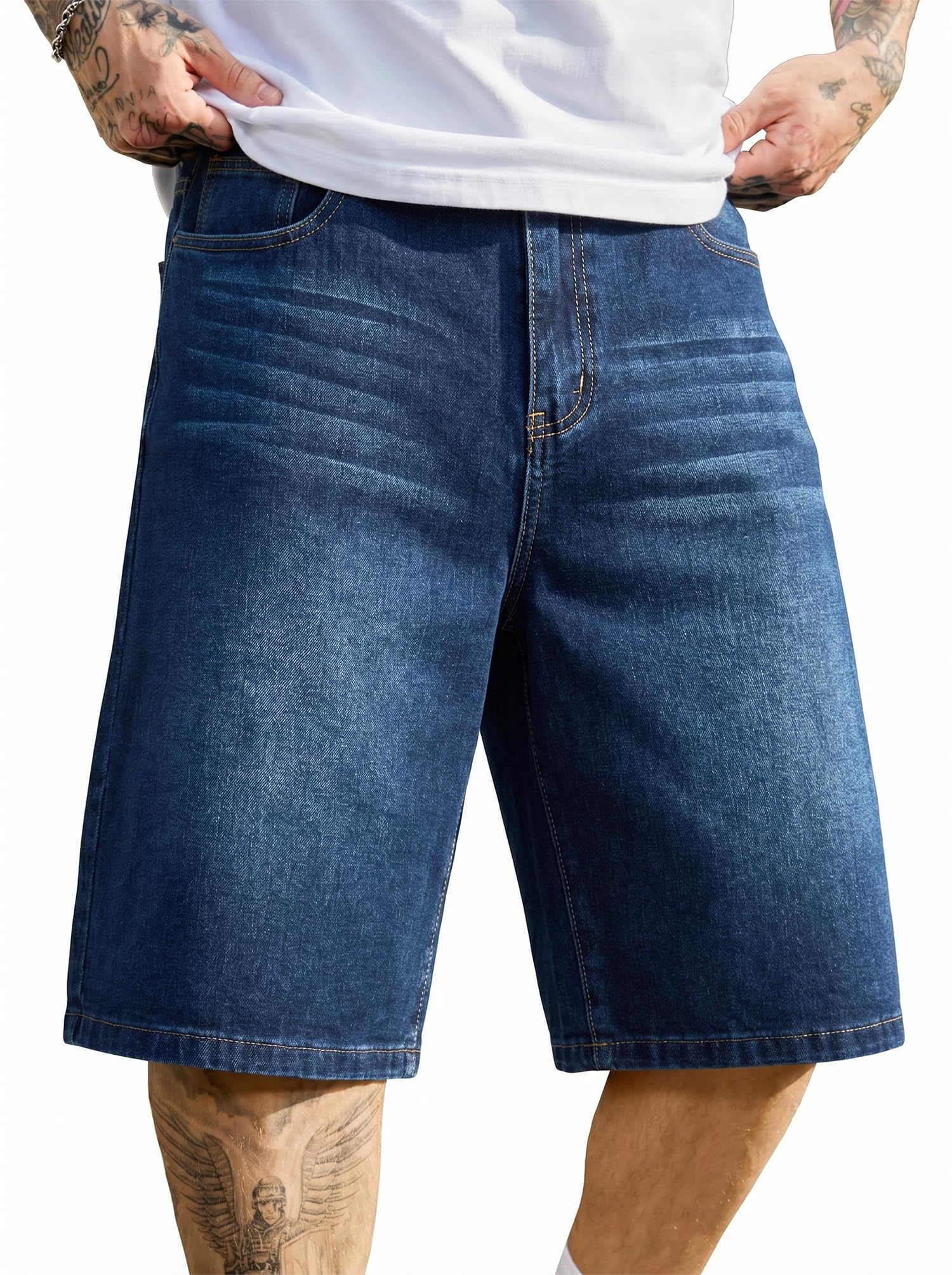 PLEPAN Men's Baggy Jeans Loose Fit Jorts Long Below Knee Denim Shorts