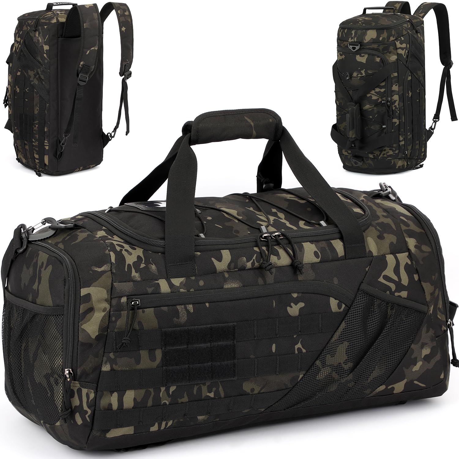 TONRUYN 45L Tactical Sports Duffle Bag for Men Military Gym Bag Medium Travel Duffel Holdall Backpack with Shoe Compartment & Wet Pocket 3-in-1 Weekend Bags for Training, Camping, Hiking, Camo