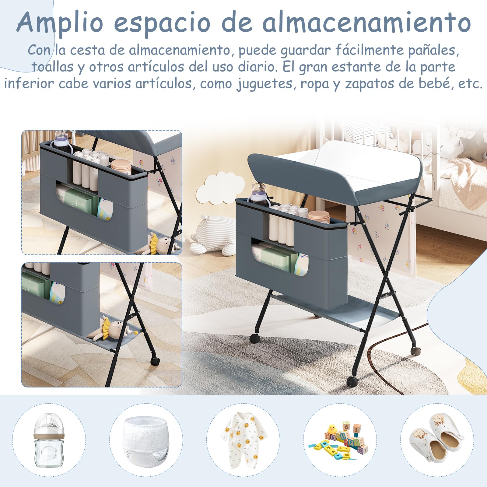 WOLTU Cambiador Bebé Plegable con Ruedas y Freno, Cambiador con Gran Espacio de Almacenaje, Tela Oxford Impermeable y Fácil de Limpiar, Color Gris