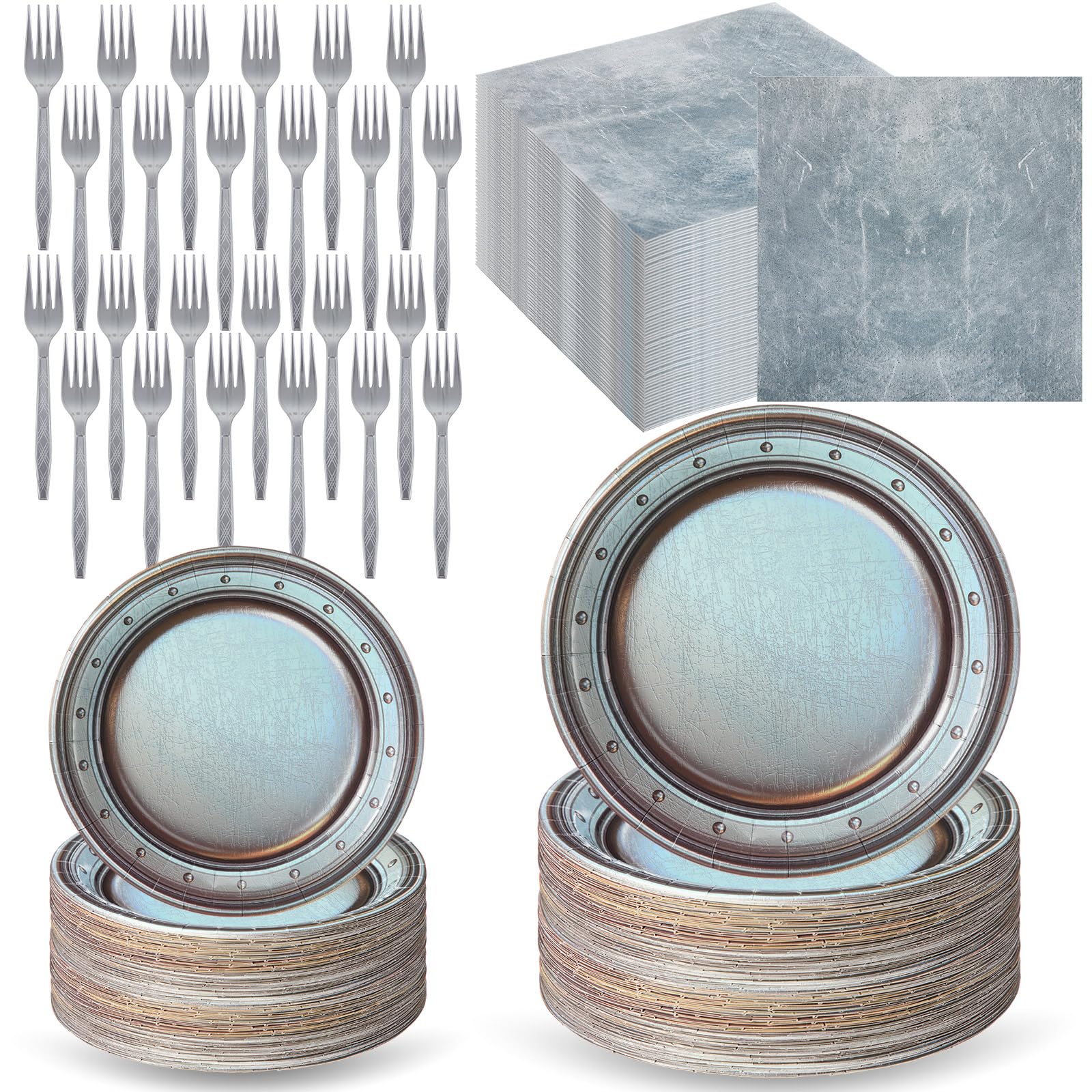 Jingmore 192 Pcs Medieval Party Supplies Disposable Paper Pewter Tableware Set for Castle Pirate Birthday Party Vintage Dinner Round Silver Grey Paper