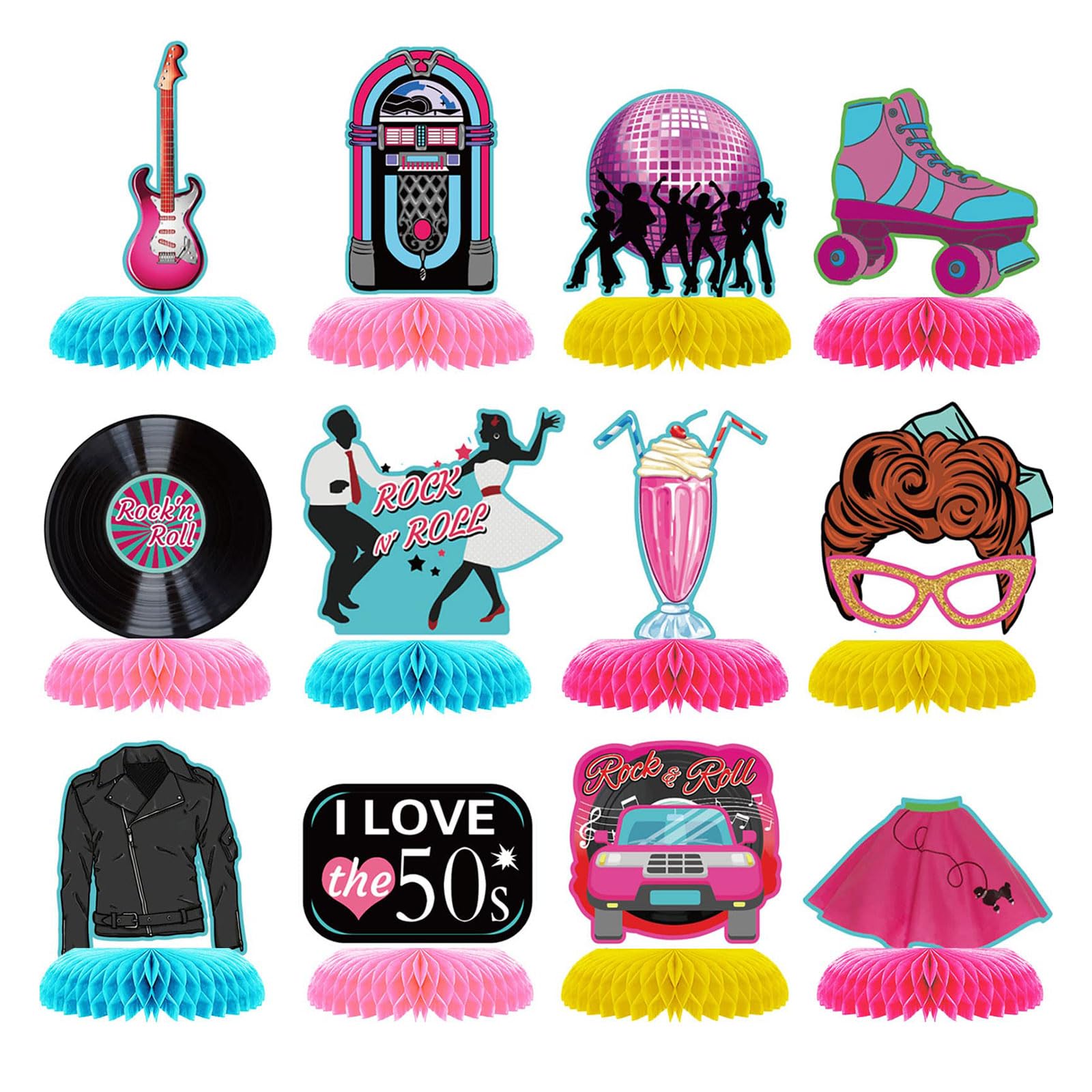 Bubaxuce 12 Pieces 1950s Rock And Roll Honeycomb Centerpieces 50s Party Decorations Retro Table Decor Table Centerpieces For 50s 60s Themed Music Celebration Supplies
