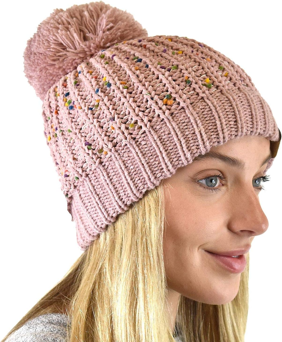 C.C Soft Winter Warm Confetti Knit Chenille Pom Beanie Hat