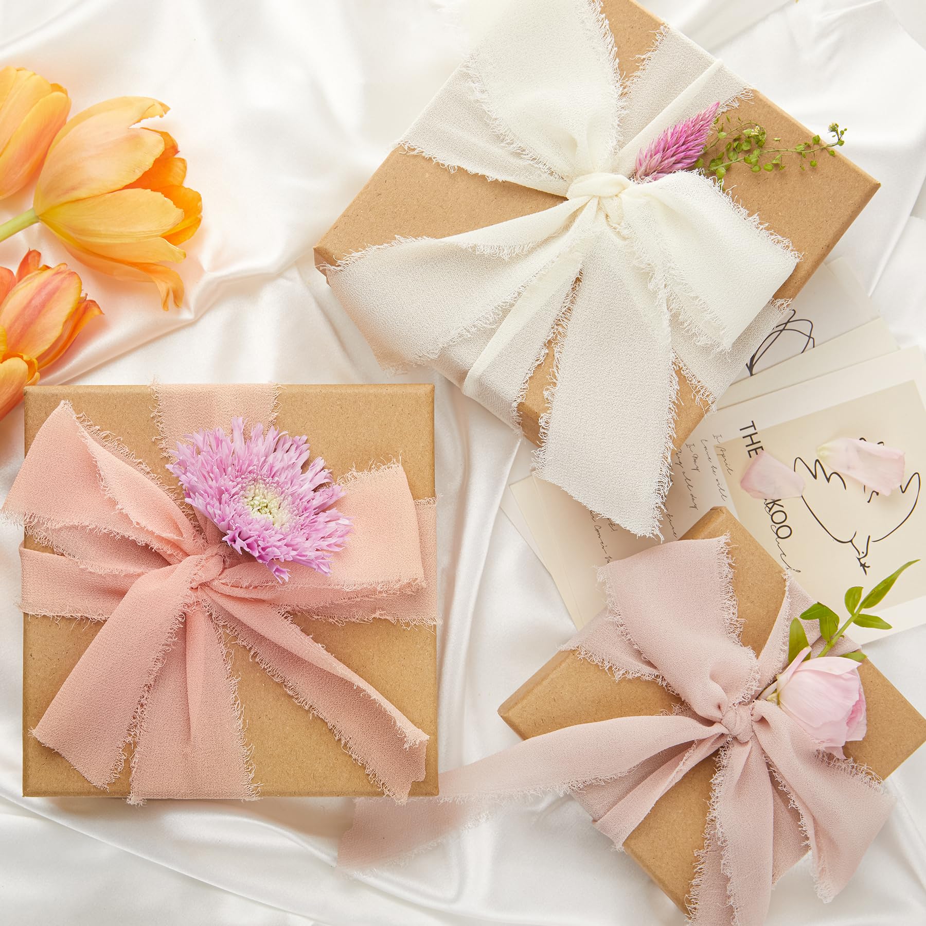 Lot De 3 Rouleaux De Ruban Mousseline De Soie Rose + Mini Ciseaux - 3cm X 5m, Pour Emballage Cadeau, Mariage, Loisirs Créatifs