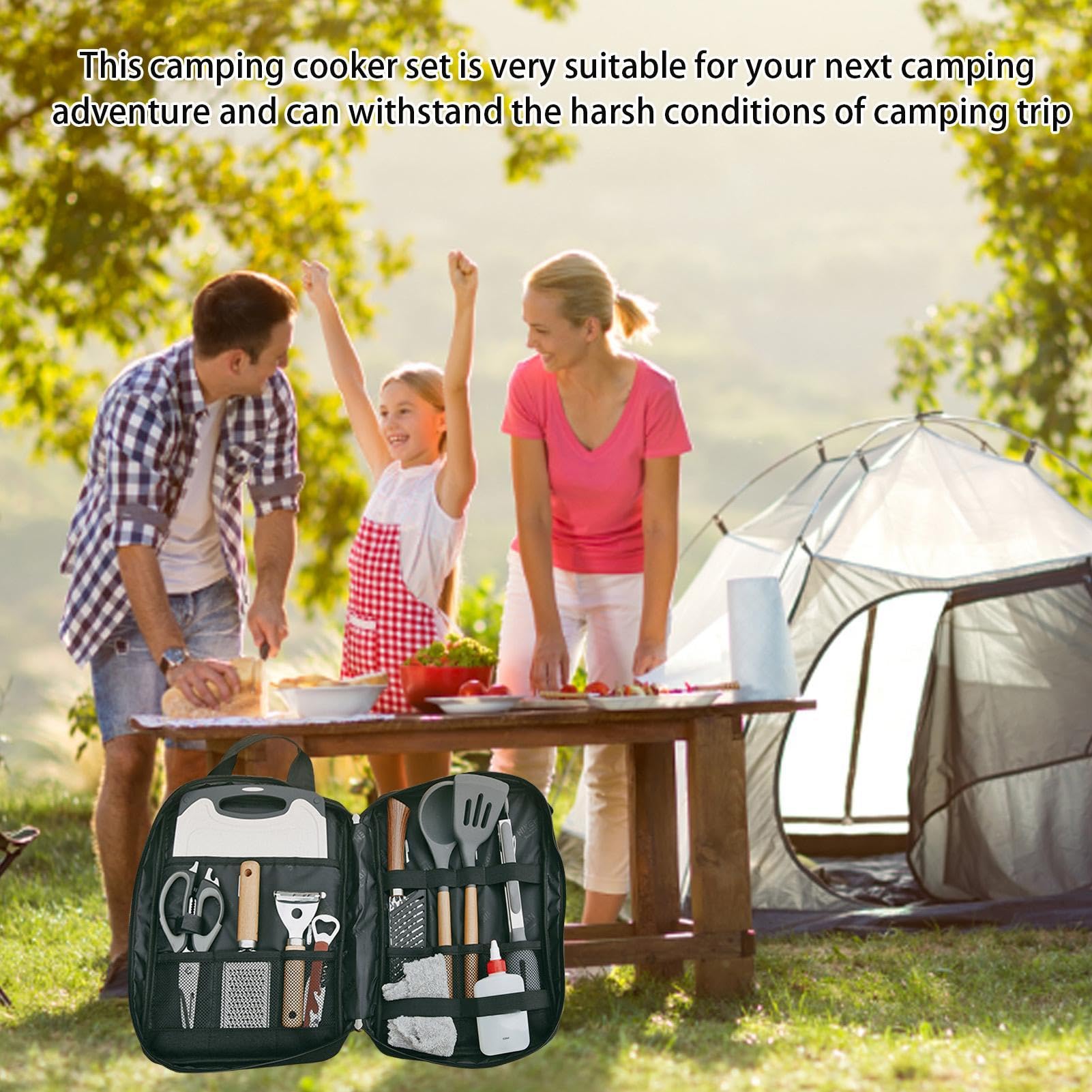 Przeno?ny zestaw narz?dzi kempingowych, 12 sztuk przyborów kuchennych kempingowych, zestaw do podró?y garnków kempingowych piknik ?wie?ym powietrzu, camping, grill i imprezy rodzinne