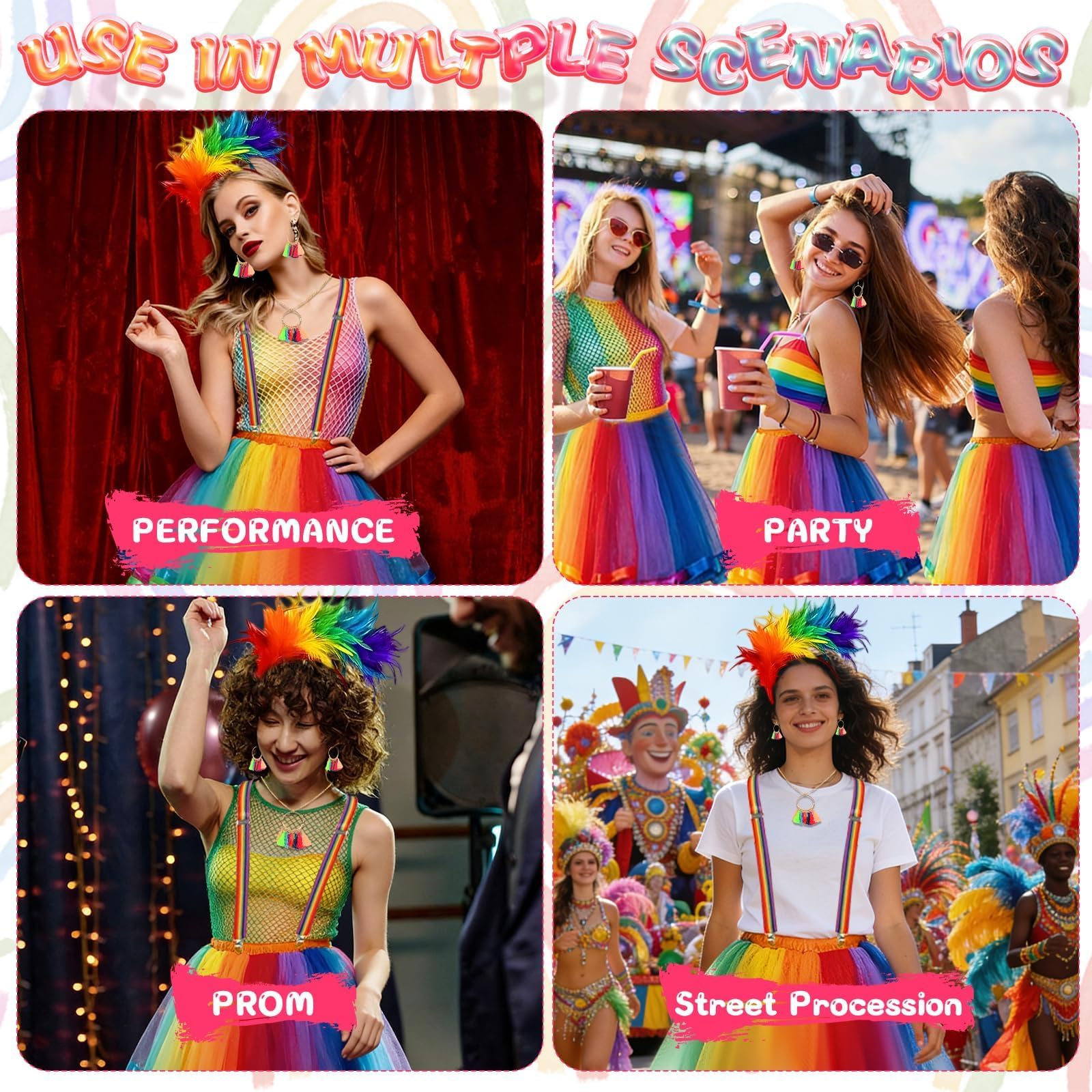 Set de Tutu Arc-en, Ciel pour Adulte, Jupe Tulle Volumineuse, Diadème à Plumes, Bretelle, Boucles d'Oreilles à Franges, Collier, 2 Drapeaux, 2 Autocollants, Taille Unique pour Fêtes & Soirées