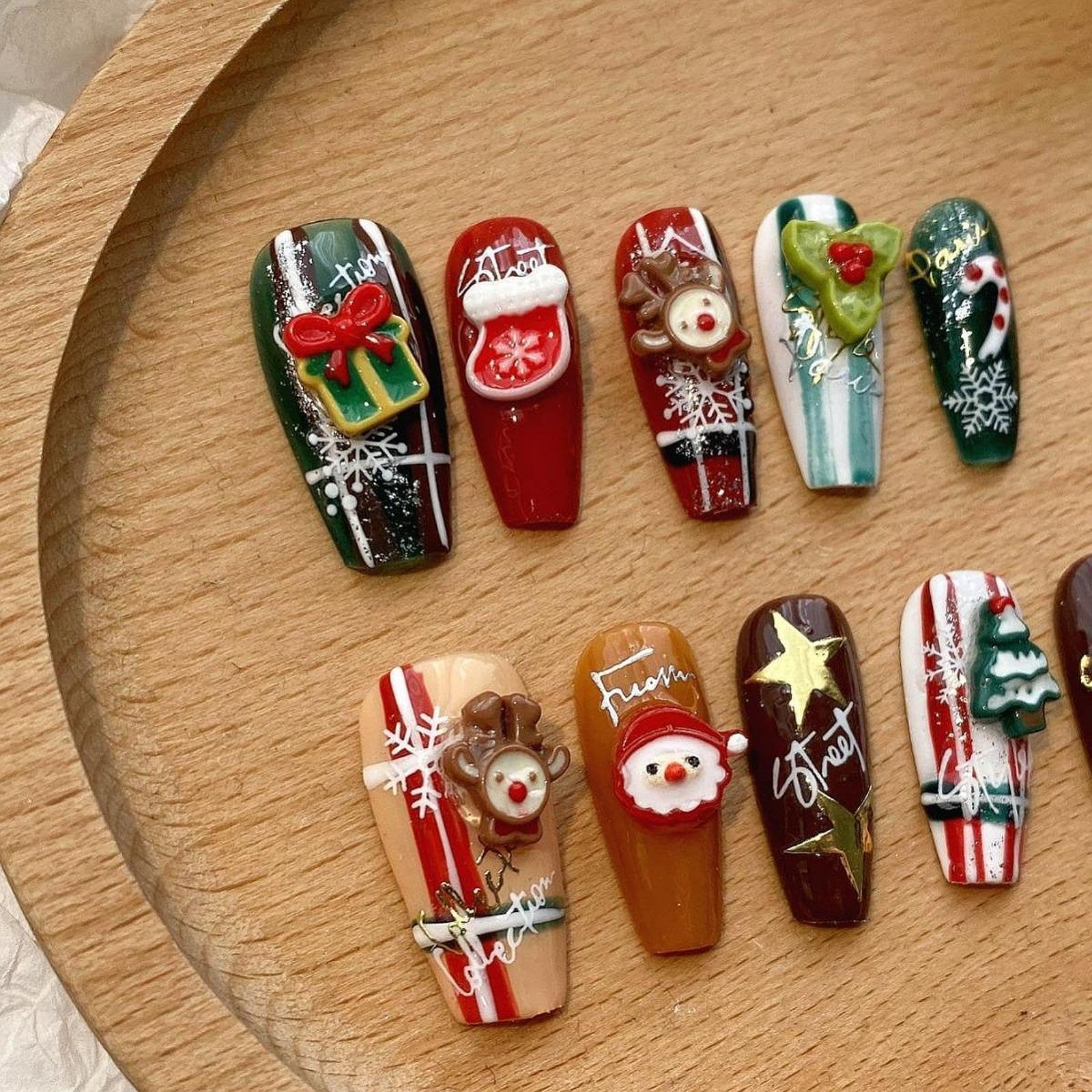 5x Uñas Postizas Navideñas para Invierno, Uñas Postizas para Pegar, Decoración de Uñas, Uñas Falsas