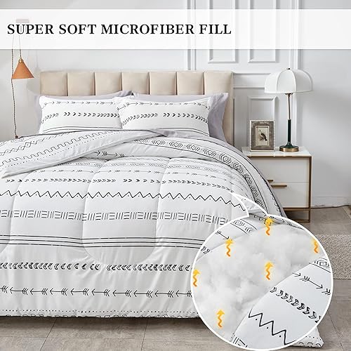 Miniatura 3 de Flysheep Juego de sábanas de 7 piezas en una bolsa, diseño de rayas bohemias degradadas, flechas geométricas aztecas, blanco y negro (1 edredón, 1