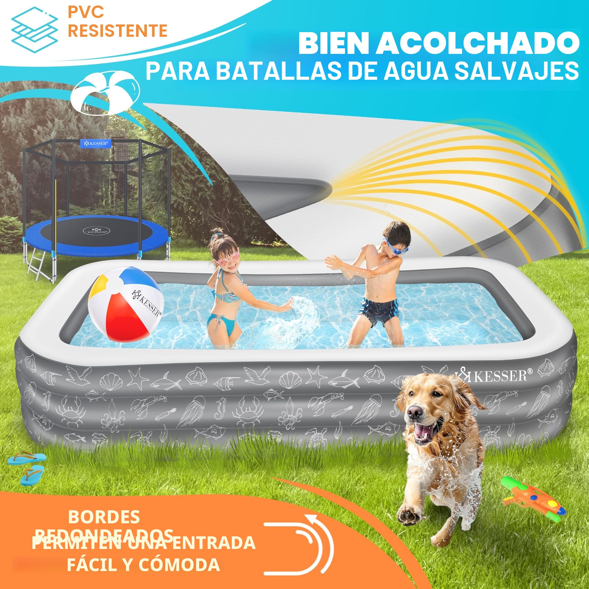 KESSER Piscina hinchable familiar para niños y adultos, piscina familiar, verano, 240 x 142 x 56 cm, 613 litros, capacidad para niños, incluye kit de reparación y pelota