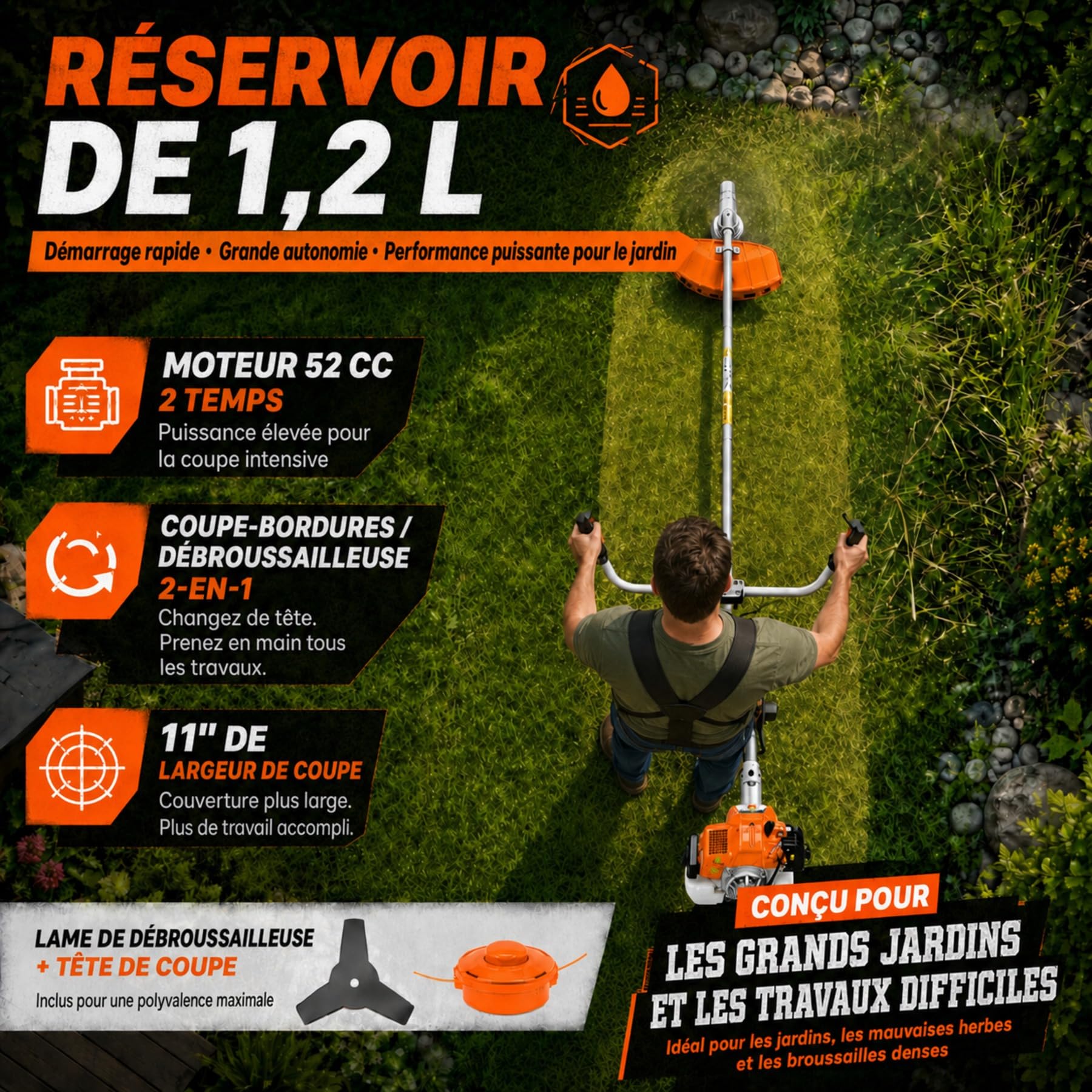 Débroussailleuse Thermique 52 cm³, Débroussailleuse Essence 2 Temps 2,2 KW 8500 TR/Min, 2 en 1 Coupe-Bordure avec Lame 3 Dents, Tête à Fil, Guidon en U Anti-Vibration