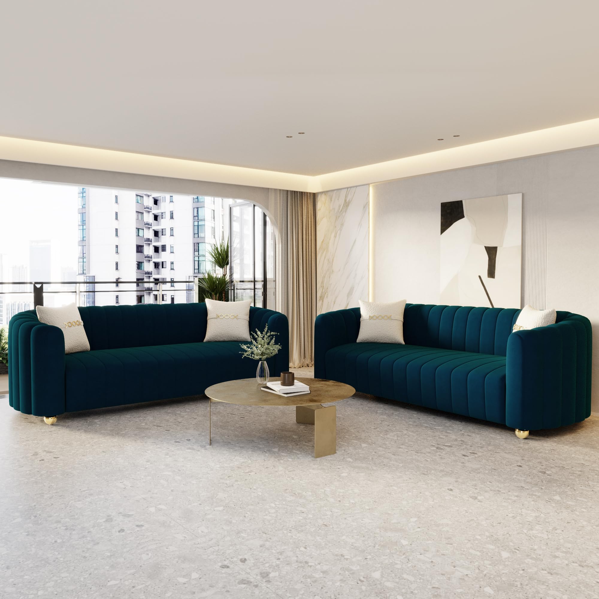 yunqishi 2-Piece Blue Velvet Tufted Sofa Set for Living Room, Modern Design Blue Couch Set with Gold Metal Ball Legs, Lovely Upholstered Sherpa