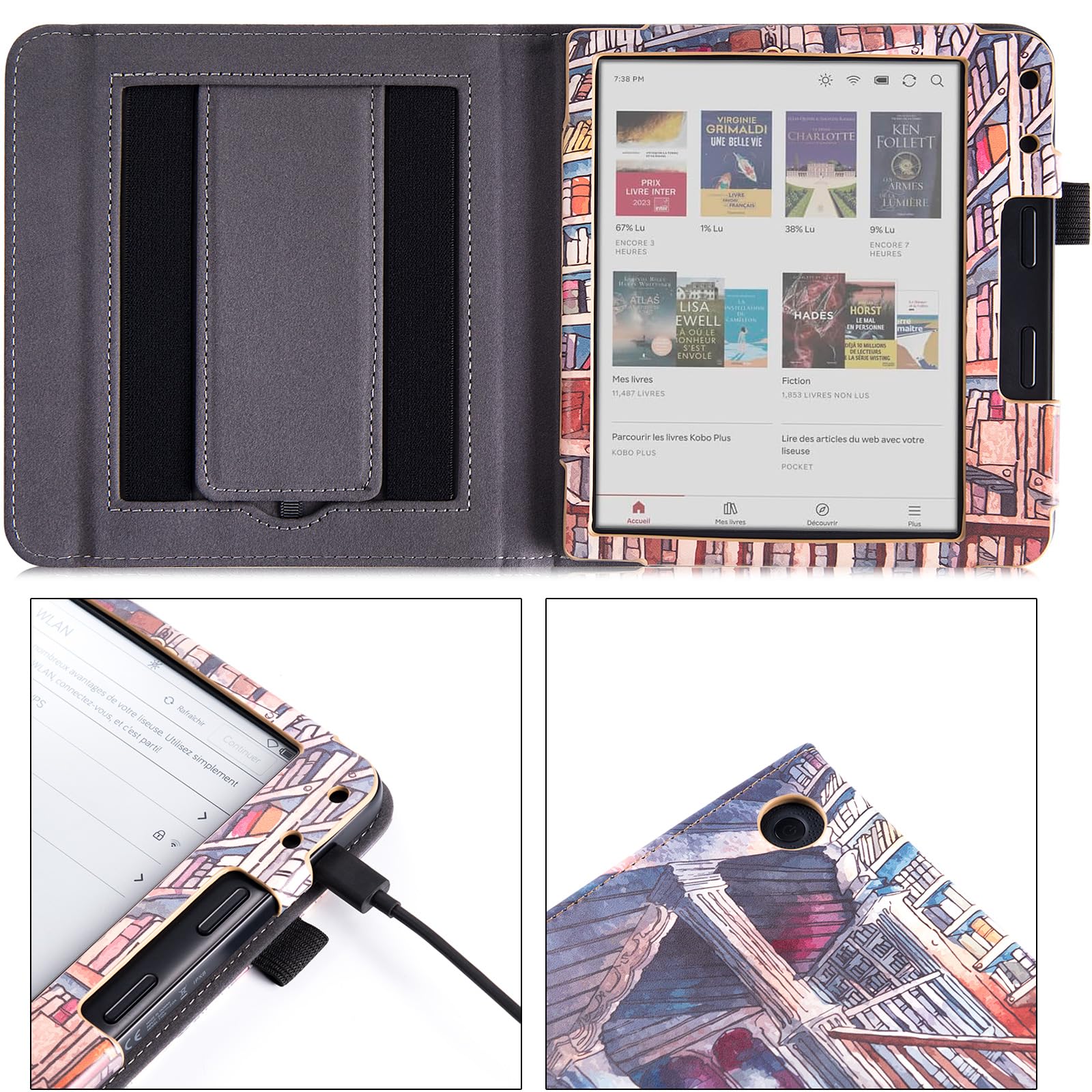 Funda para Kobo Libra Colour 2024 | Soporte plegable integrado y correa de mano | con soporte de encendido automático y bolígrafo | Funda de piel sintética para Kobo Libra 2 / H2O