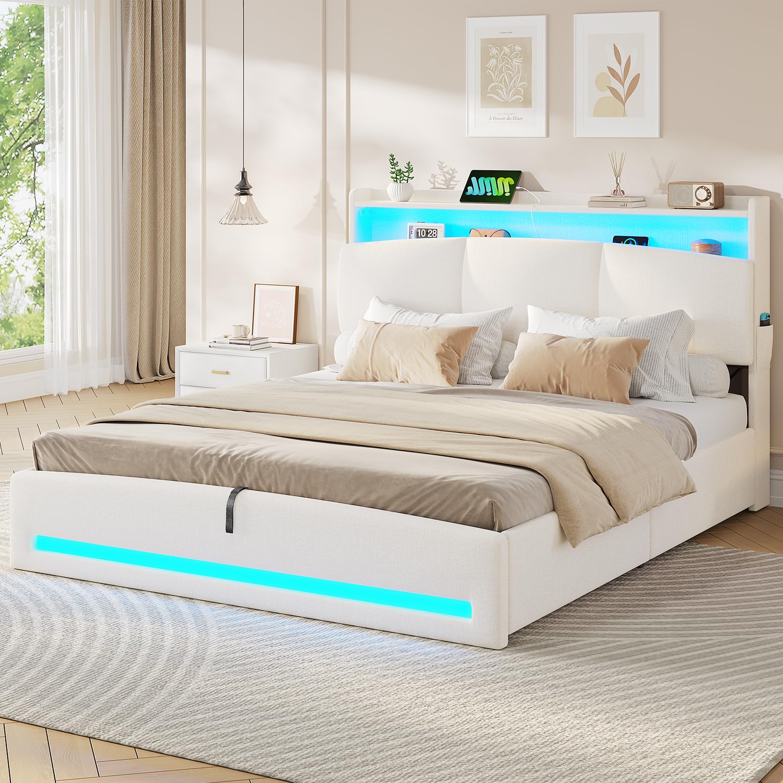 AOGLLATI Lit Coffre 140×190 avec LED et Ports USB,Tête de Lit capitonné avec Étagères Ouvertes et Rangement Caché, lit 2 Personnes avec Hydraulique, Sommier à Lattes, Lin Beige (sans Matelas)
