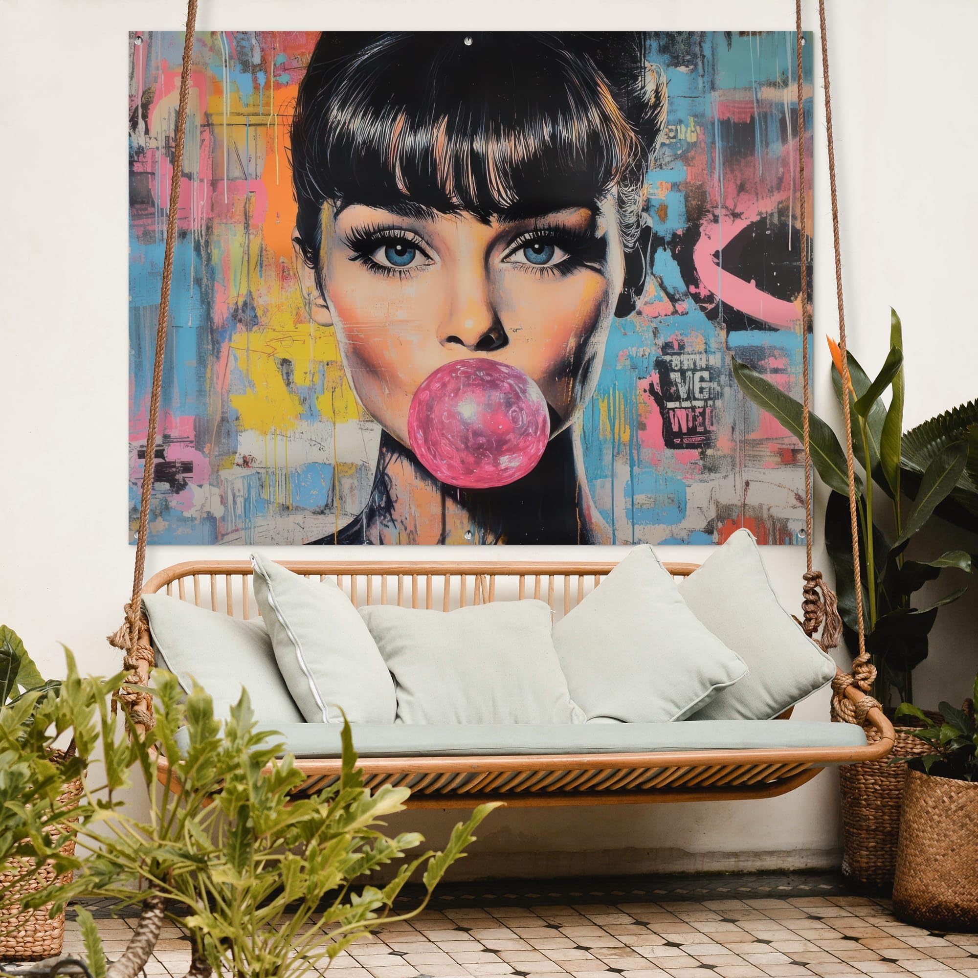 MuchoWow© Gartenposter Outdoor Bilder Gartendeko für draußen Wetterfest | 160x120 cm - Garten Deko Terrasendeko Banner Draußen Bild Dekoration Kaugummi - Frau - Pinselstriche - Modern