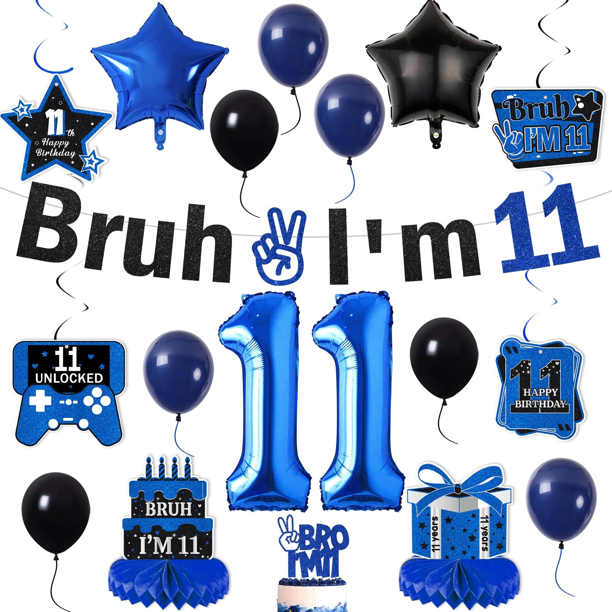 Bruh 11th Birthday Decorations for Boys- Bruh I'm 11 Banner Number Heart Balloons Honeycomb Centrepieces, Cake Topper Navy Blue Black 11 Years Old Boys Party Supplies