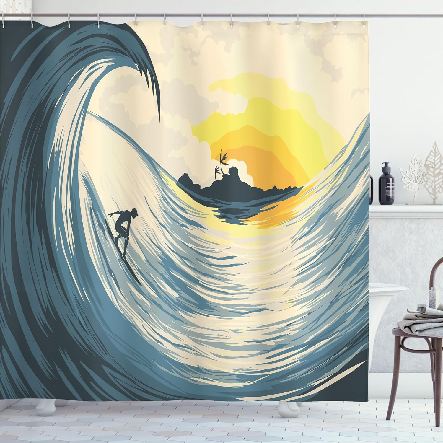 Ambesonne Ocean Shower Curtain, Illustration of Cloudy Sky Tropical Island Wave and Surfer at Sunset Seascape, Cloth Fabric Bathroom Decor Set with Hooks, 69" W x 70" L, Beige Yellow Navy