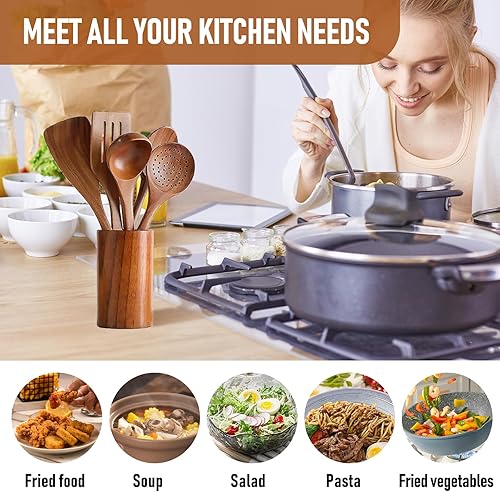 Miniatura 4 de Juego de 6 utensilios de cocina de madera, cucharas de madera para cocinar, con soporte para utensilios, agarre cómodo, ideal para utensilios de