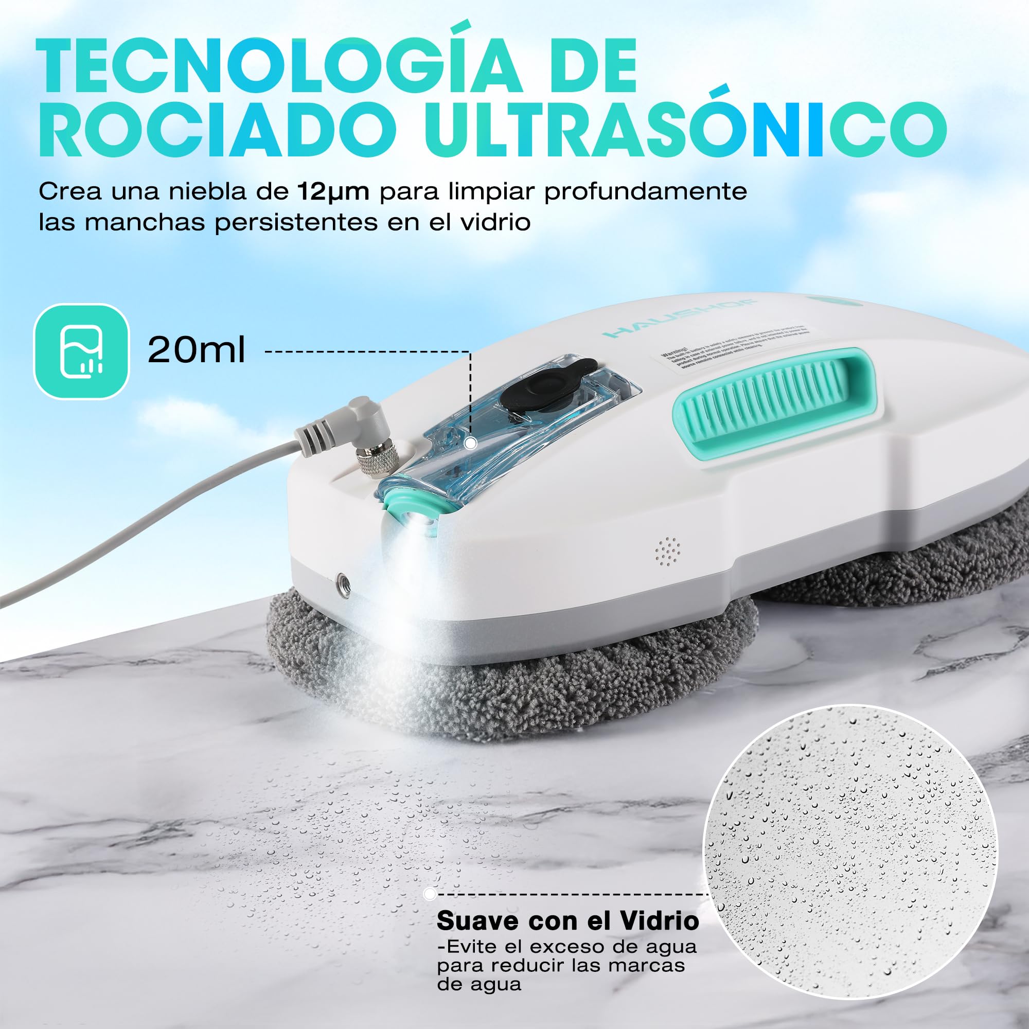 HAUSHOF Robot Limpiacristales, Limpia Cristales Electrico Ventanas, Robot Limpia Ventanas con Succión de 3800Pa, Limpiador Eléctrico de Ventanas con Control Remoto, Detección de Bordes