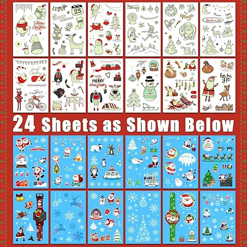 Miniatura 2 de Partywind 280 estilos de tatuajes temporales de Navidad que brillan intensamente, suministros para fiestas, 24 hojas de calcomanías luminosas de