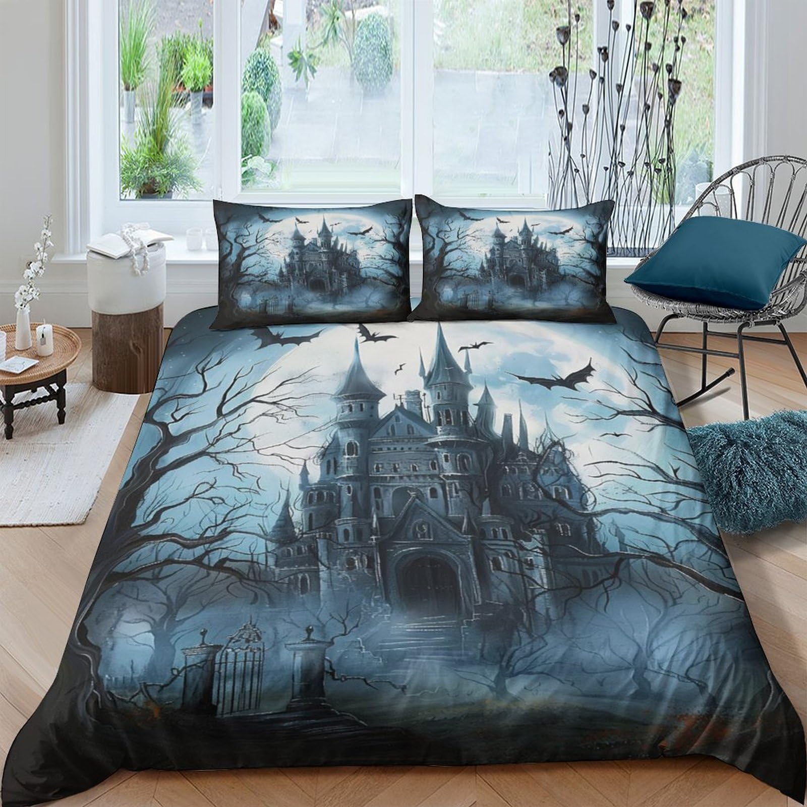TUFRTGYHN 3D Printed Gothic Castle Duvet Cover Microfiber Soft Breathable Haunted Forest Bedding Set with 2 Pillowcases for Bedroom Decor Single（135x200cm）