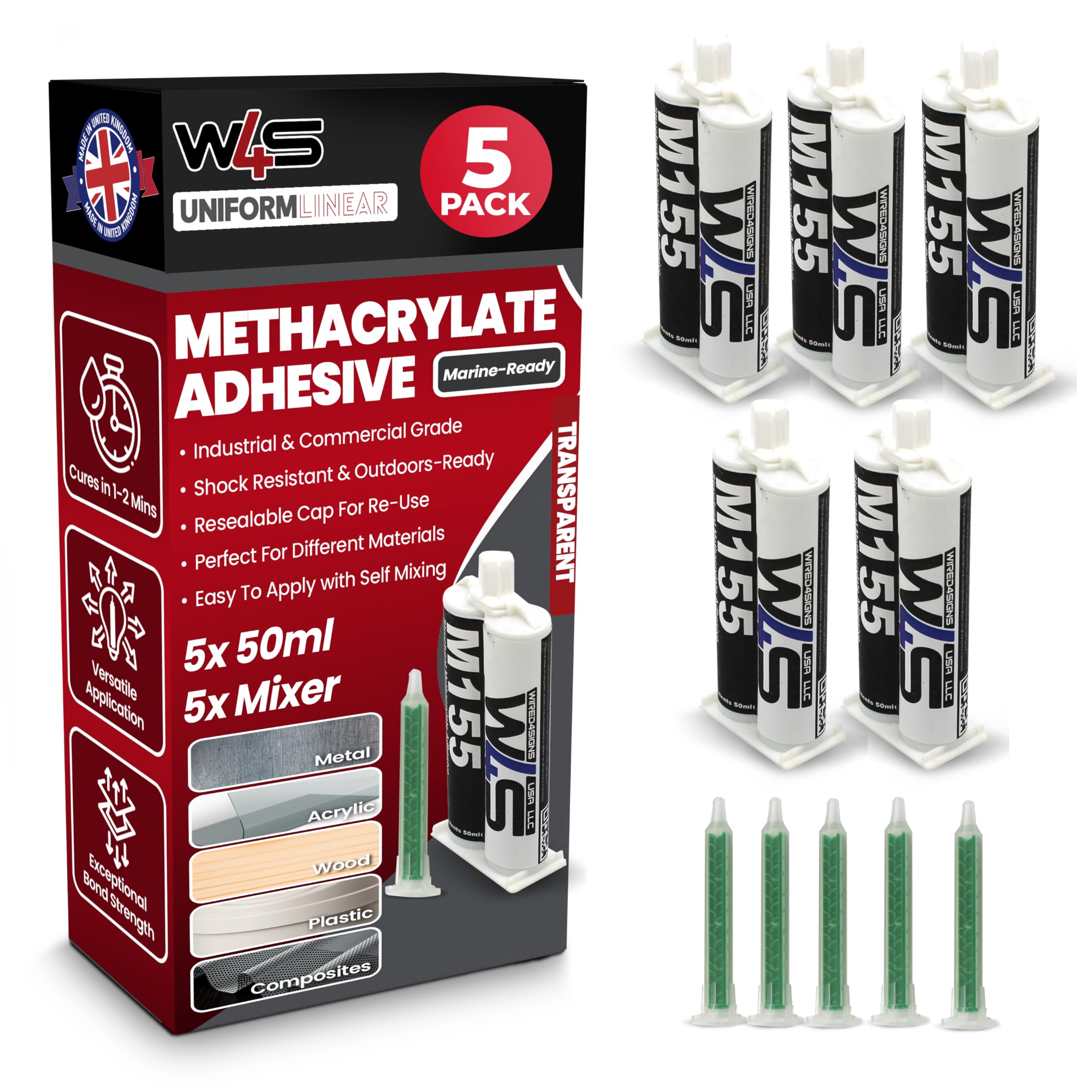 Wired4Signs Methyl Methacrylate Adhesive | Metal Glue Heavy Duty, 100% Clear Cure, Use as Metal Repair Adhesive Glue, Glue for Metal to Metal, Boat Metal Repair Glue, MMA Adhesive-M155 (5X 50ml)