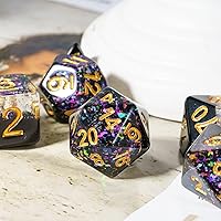 Vista 5 de Juego de dados de resina para DND, juego de 7 dados poliédricos negros D&D rellenos con papel de colores brillantes para juegos de rol