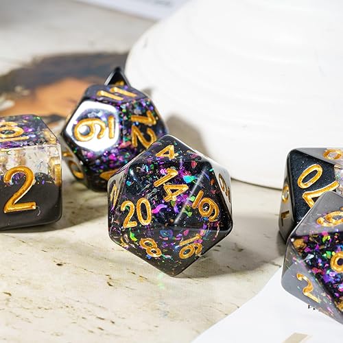 Miniatura 5 de DND - Juego de dados poliédricos rellenos de papel de aluminio colorido para Calabozos y Dragones, dados negros D&D para juegos de rol y juegos de
