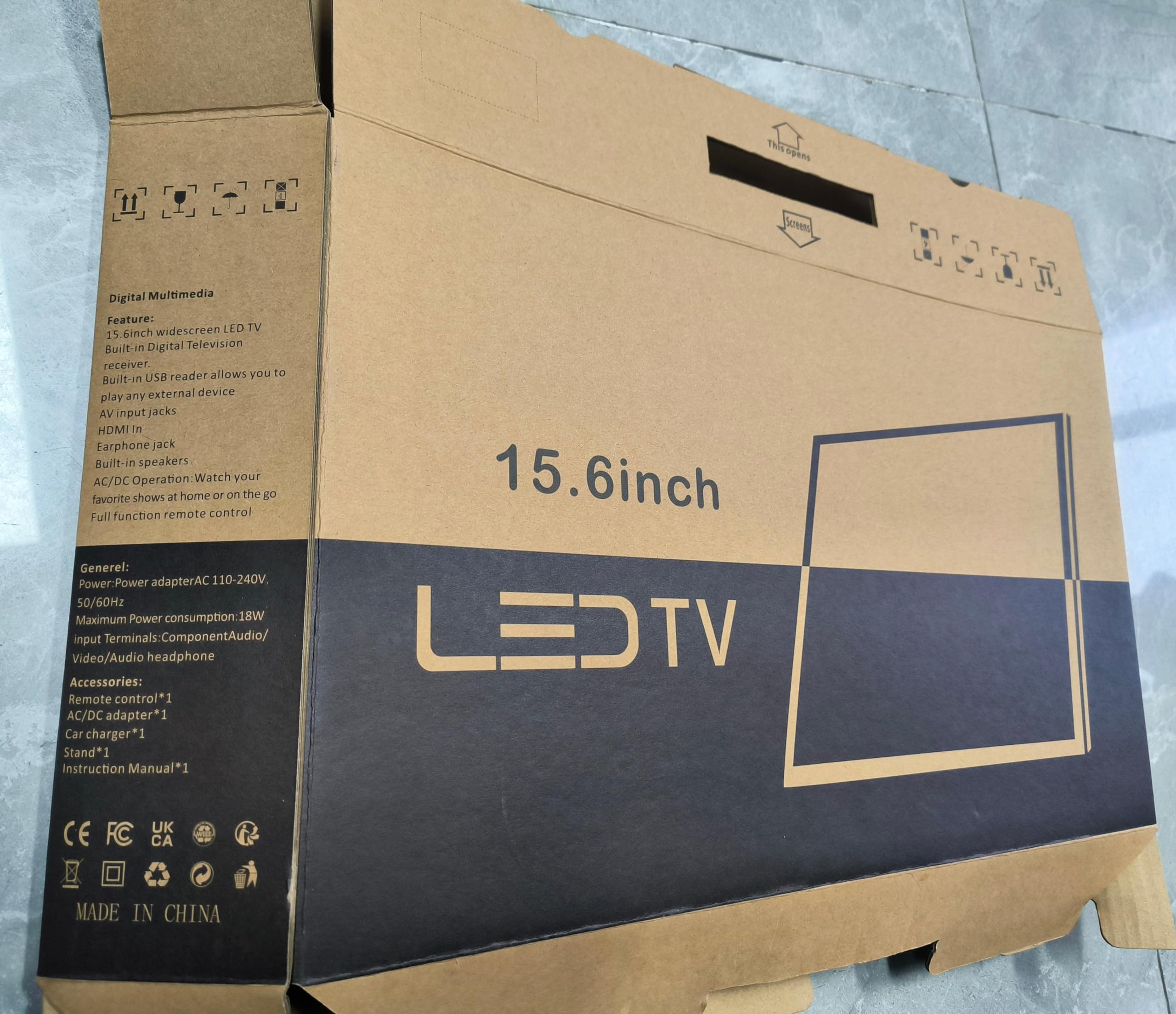 KCR Televisor Digital Portátil de 15,6 Pulgadas, DVB-T2, HDMI/VGA, USB, Alimentación 12V/220V, con Mando a Distancia