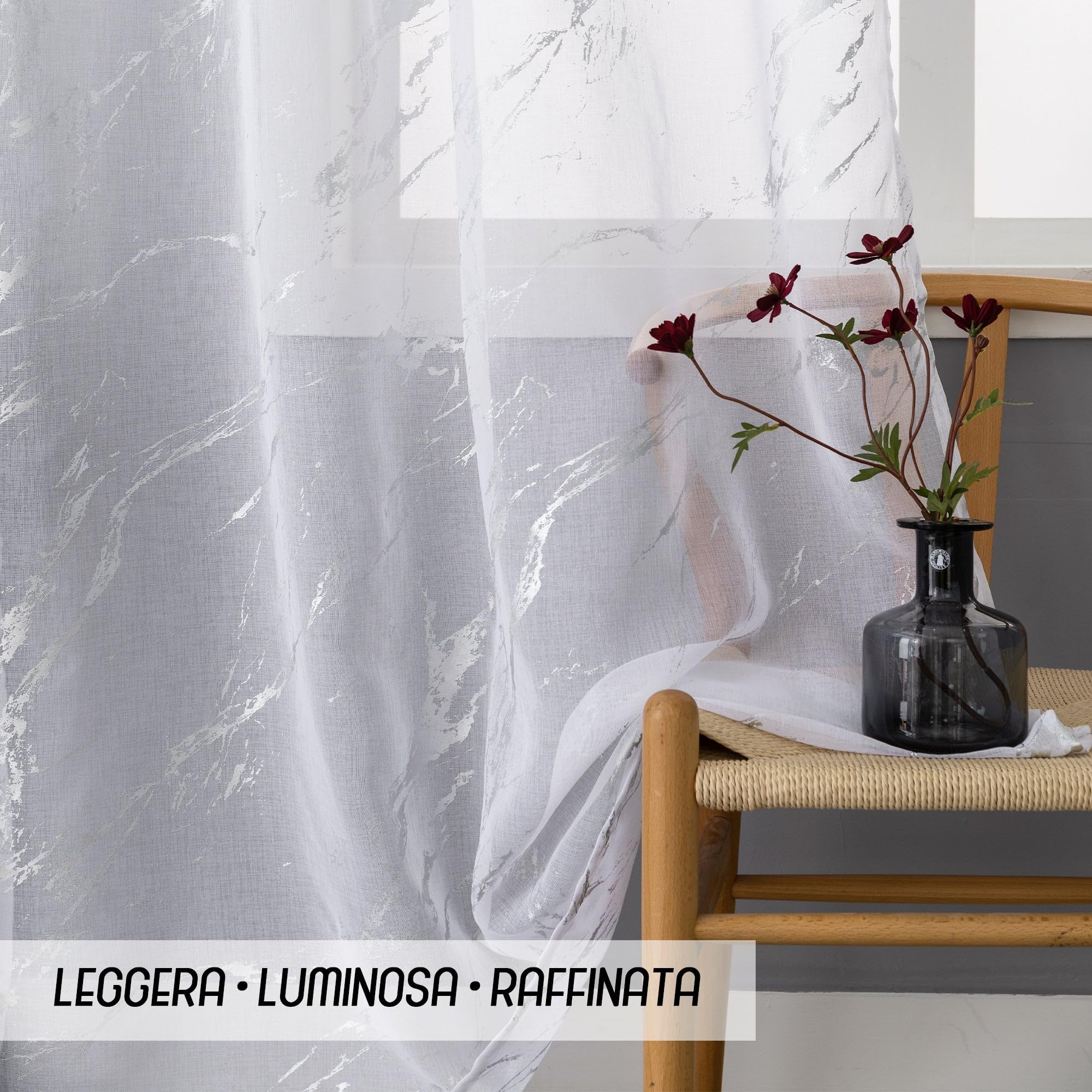 GIRASOLE HOME Coppia Tende Favignana Filtranti Fantasia Argentata Effetto Marmo 2 Pannelli da 140x150cm con Occhielli, Bianco