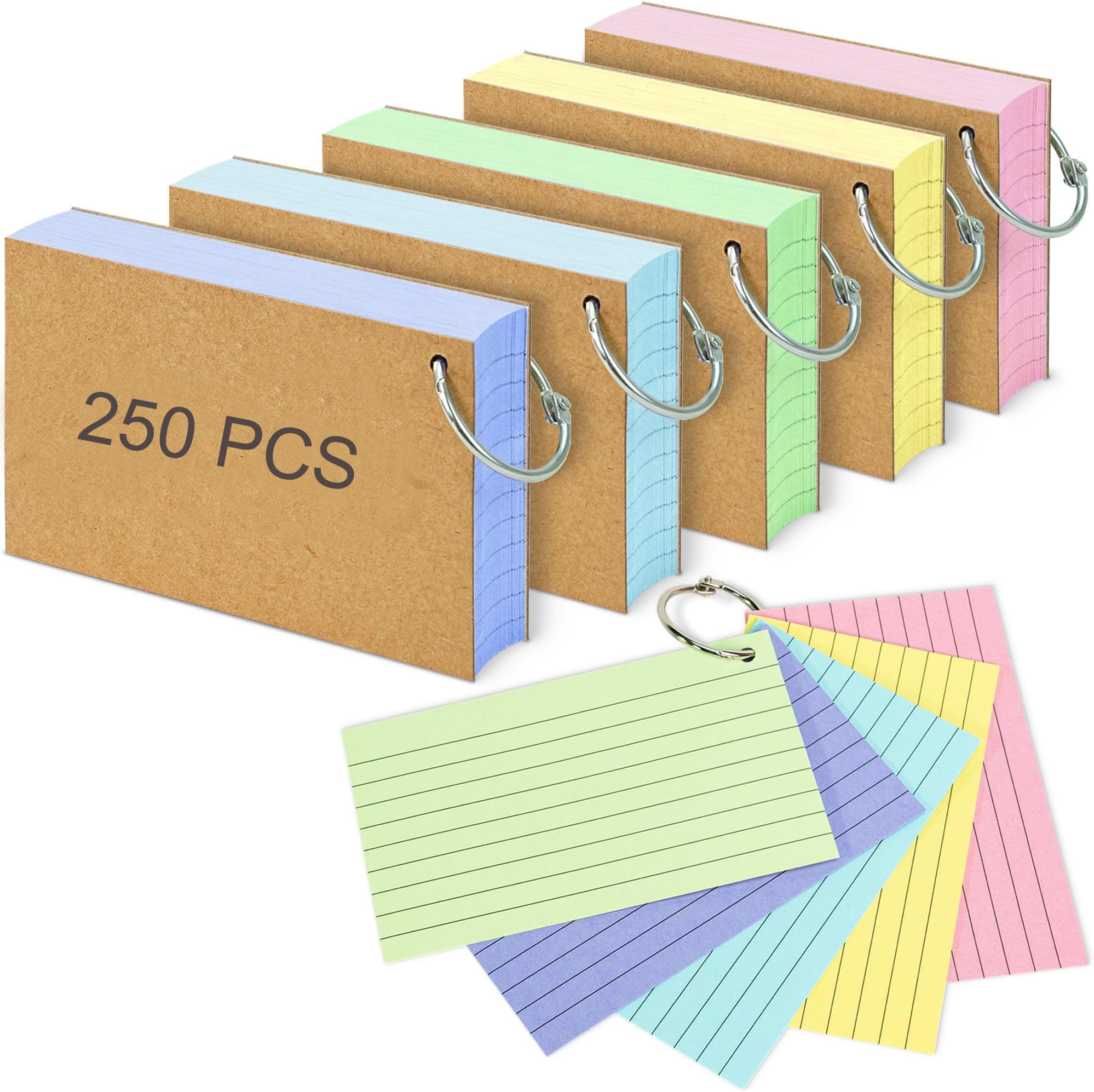 HBSTUDIO Colored Index Cards, 3 x 5 inch Flash Cards with Ring, Lined on Both Side Notecards Ruled Study Card Flashcards Heavy Note Cards for Studying, Learning, School, College(250 sheets)
