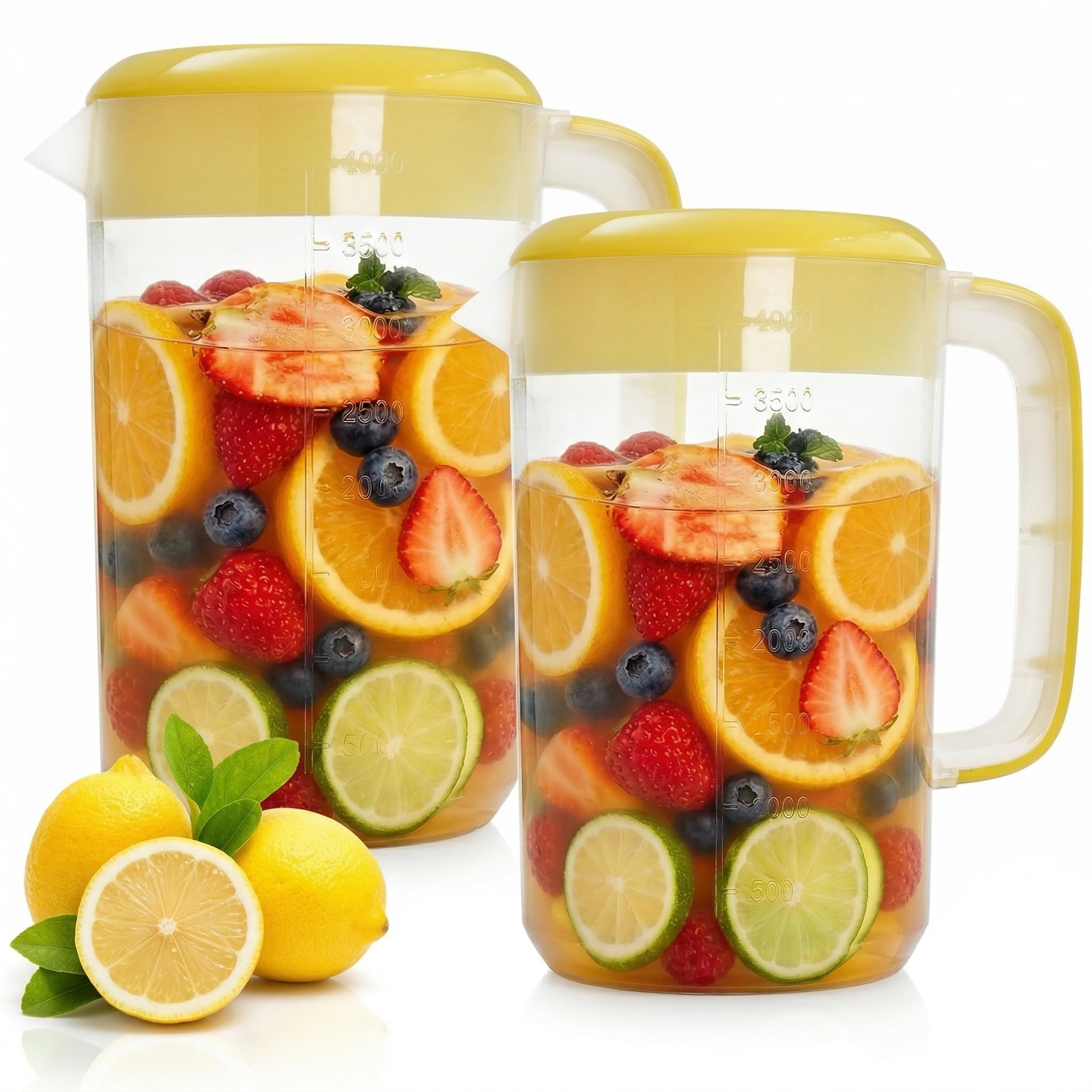 Jucoan Kunststoff-Wasserkrug mit Deckel, großer Wasserkrug, Saft und Eistee, Getränkekaraffe mit Filterdeckel, Griff, Waage für Kühlschrank, Party, 2 Stück