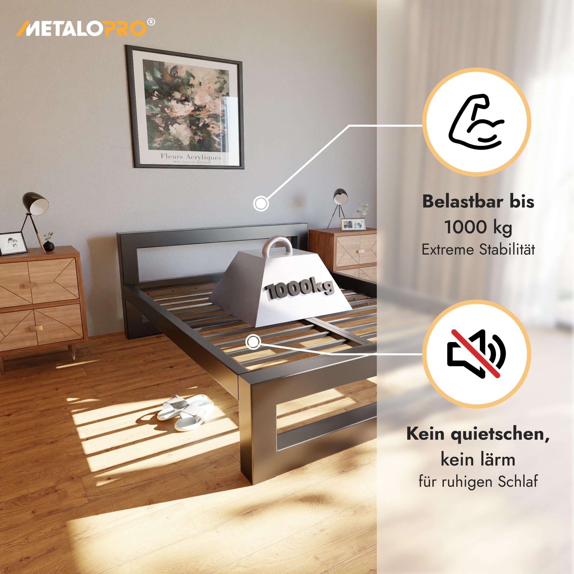 Massives Bettgestell – Metall Bettrahmen bis 1000 kg belastbar, Robuster Metallrost ohne Quietschen, Viel Stauraum, Schnelle Montage <15 Min, Modernes Design – 180x200 cm